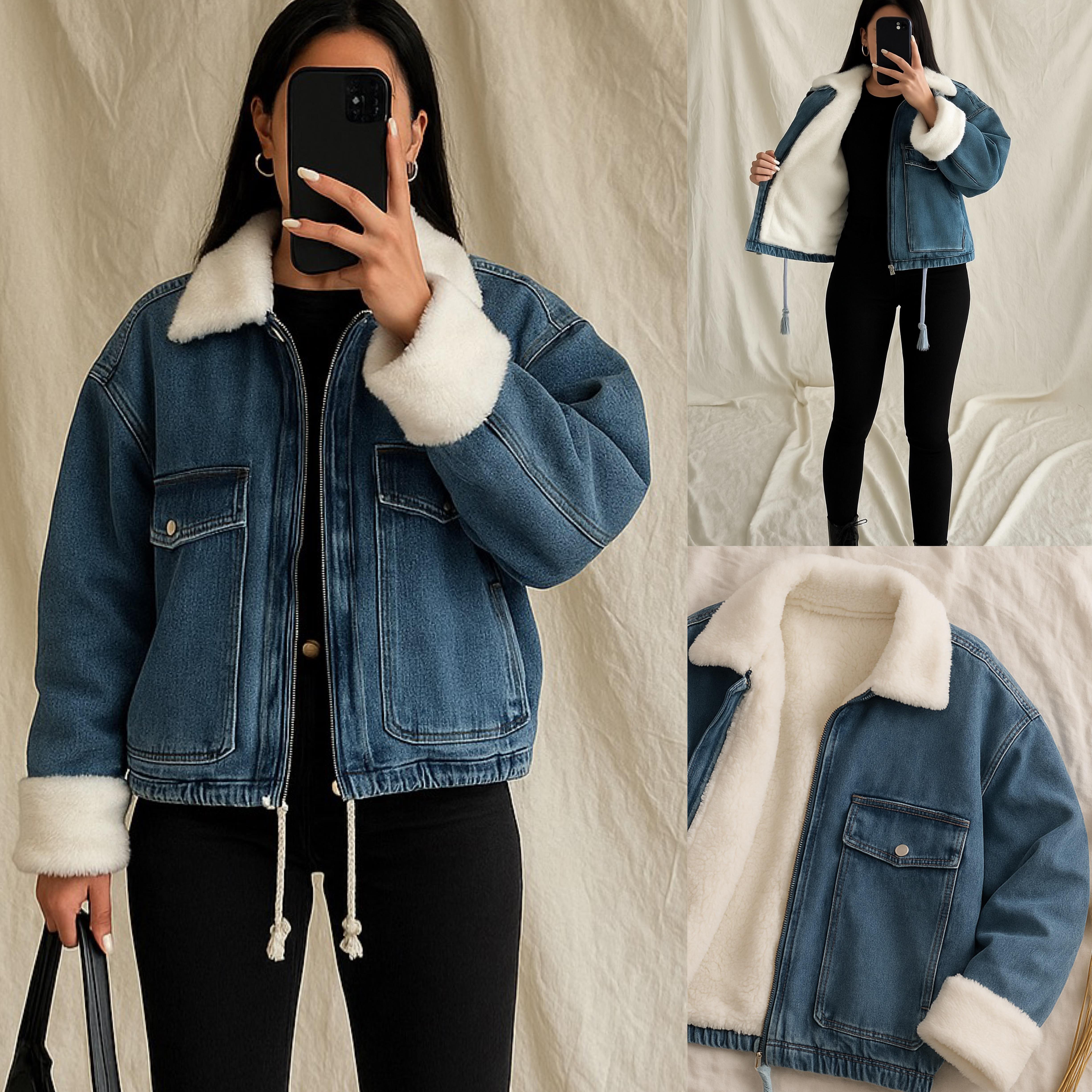 ZRA İÇİ KÜRKLÜ OVERSIZE JEAN CEKET KOYUMAVİ