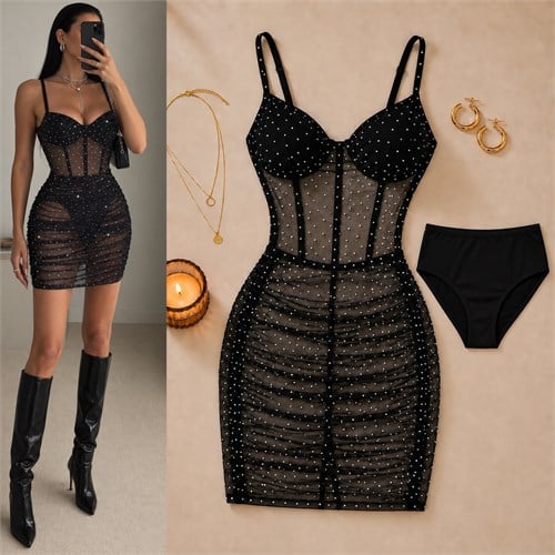 ANJELY GÖĞSÜ SÜNGERLİ DÖKĞLMEZ TAŞLI KÜLOT HEDİYELİ TÜL ELBİSE