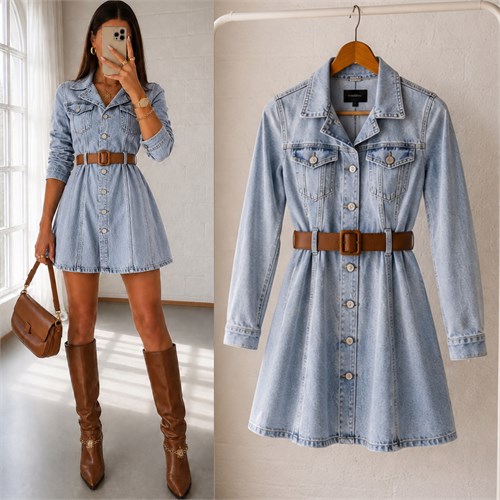 CLIA KEMERLİ ESNEK JEAN ELBİSE