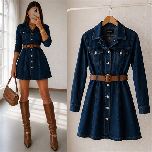 CLIA KEMERLİ ESNEK JEAN ELBİSE