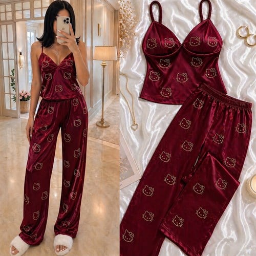 HELLOK DÖKÜLMEZ TAŞLI GÖĞSÜ DOLGULU PİJAMA TAKIM