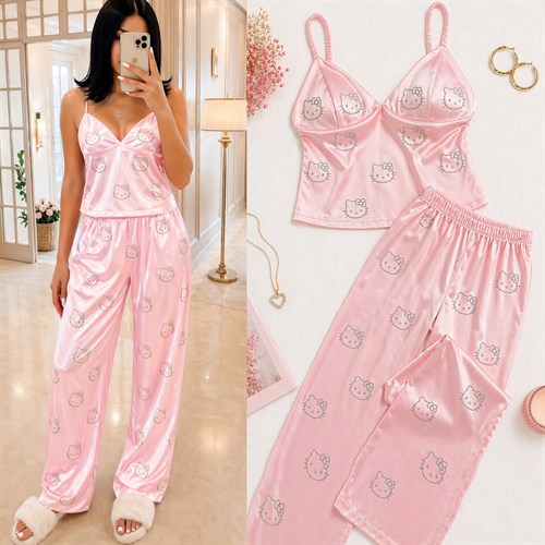 HELLOK DÖKÜLMEZ TAŞLI GÖĞSÜ DOLGULU PİJAMA TAKIM