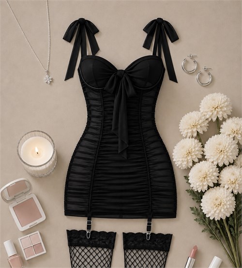 JOLY ESNEK TÜL ELBİSE ÇORAP STRING DAHİL TAKIM