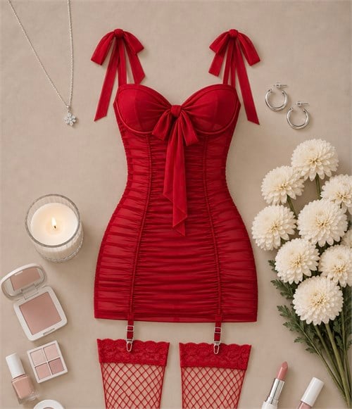 JOLY ESNEK TÜL ELBİSE ÇORAP STRING DAHİL TAKIM