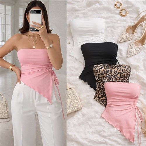 NANCI YAN BÜZGÜLÜ STRAPLEZ BLUZ