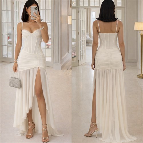 PRINCS GÖĞSÜ GÖĞSÜ GLOPLU ASTARLI GECE ELBİSESİ