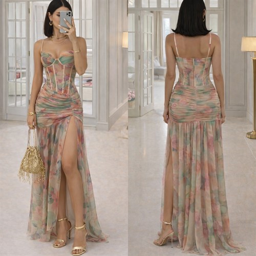 PRINCS GÖĞSÜ GÖĞSÜ GLOPLU ASTARLI GECE ELBİSESİ