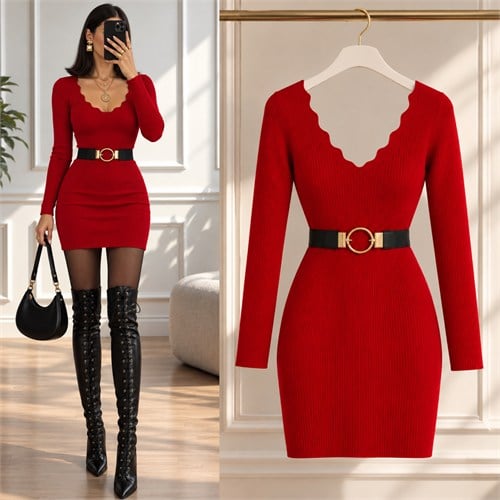 SINNA V ZİKZAK YAKA TRİKO ELBİSE
