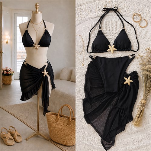 STARS PEDLİ AKSESUARLI BİKİNİ PAREO 3'LÜ SET