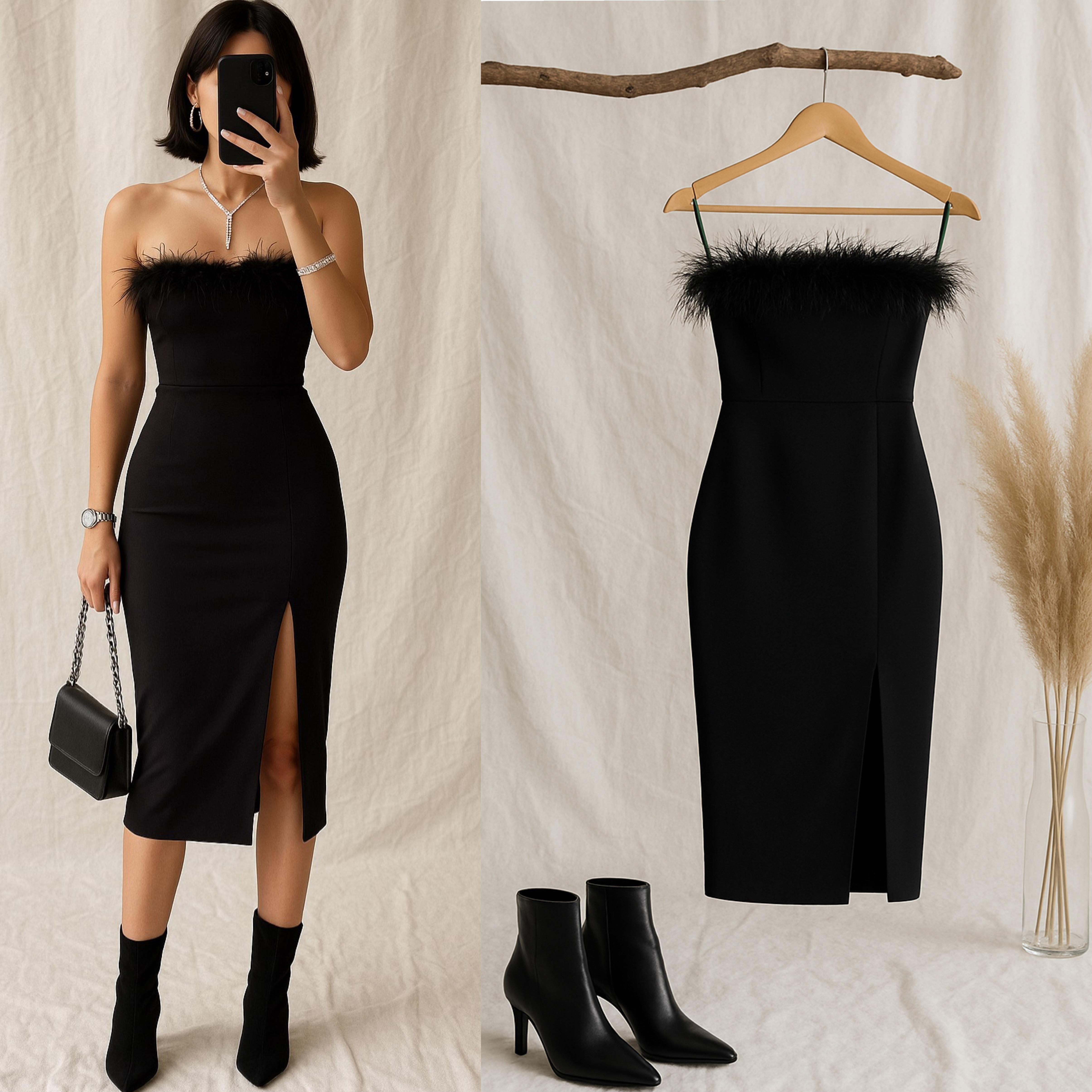  LORA TÜY DETAYLI ESNEK ELBİSE 