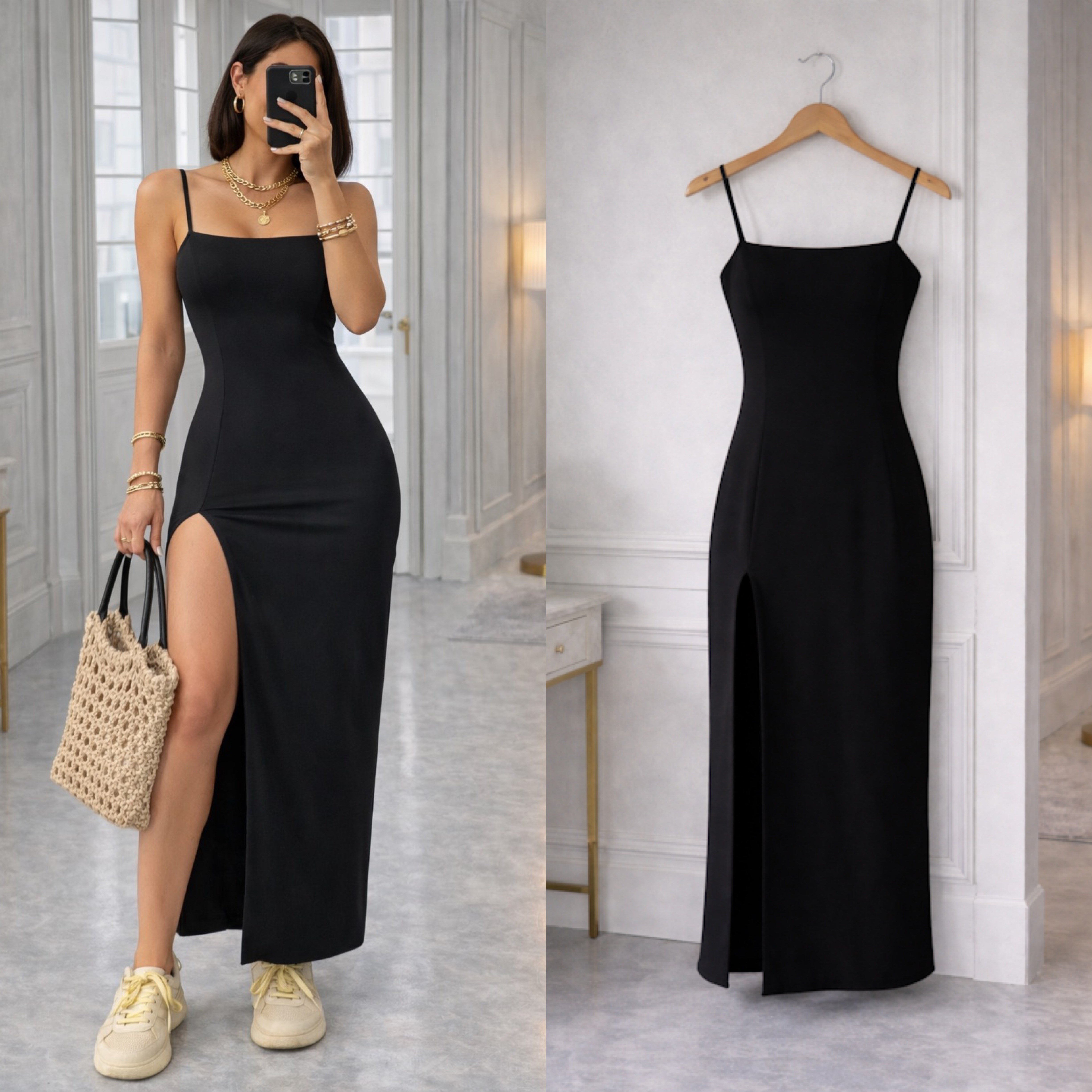 ALYNA İP ASKI YIRTMAÇLI ELBİSE