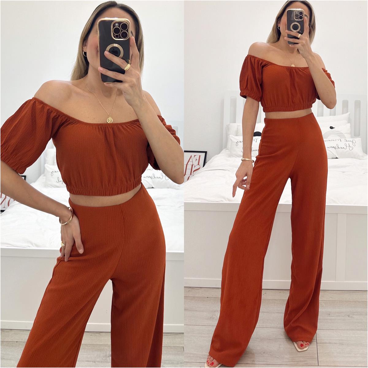 ANGIE WIDE LEG PANTOLON BÜSTİYER TAKIM KİREMİT