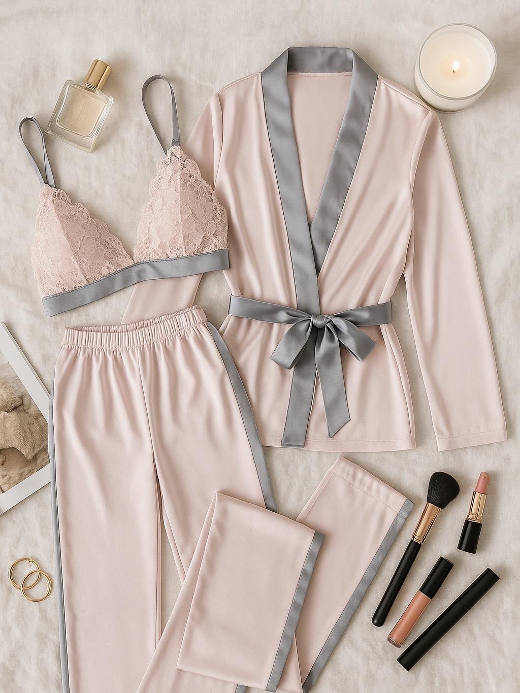 BEAUTY SATEN SABAHLIK BUSTİYER ALT 3LÜ SET PEMBE