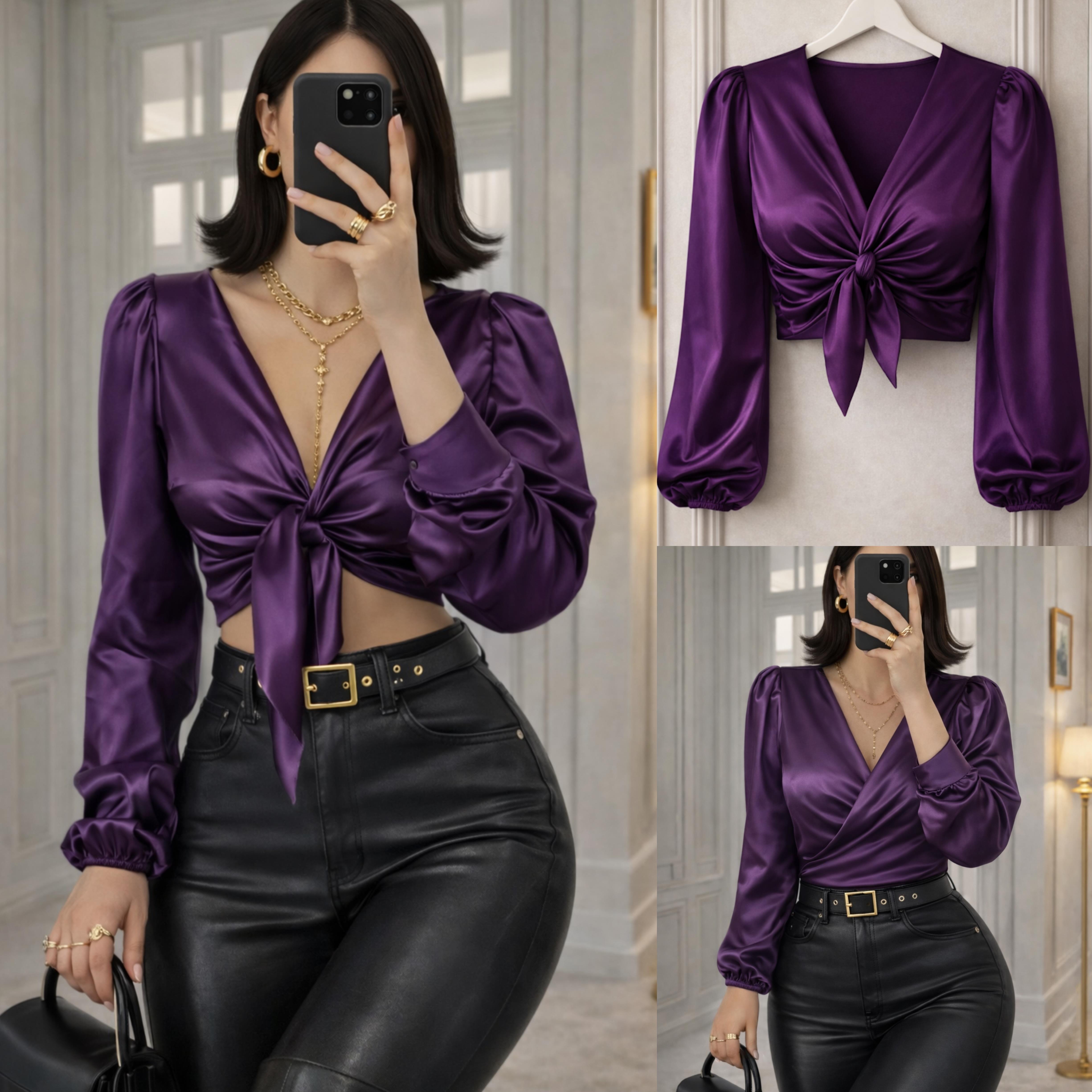 BISA SATEN BAĞLAMALI BLUZ MOR