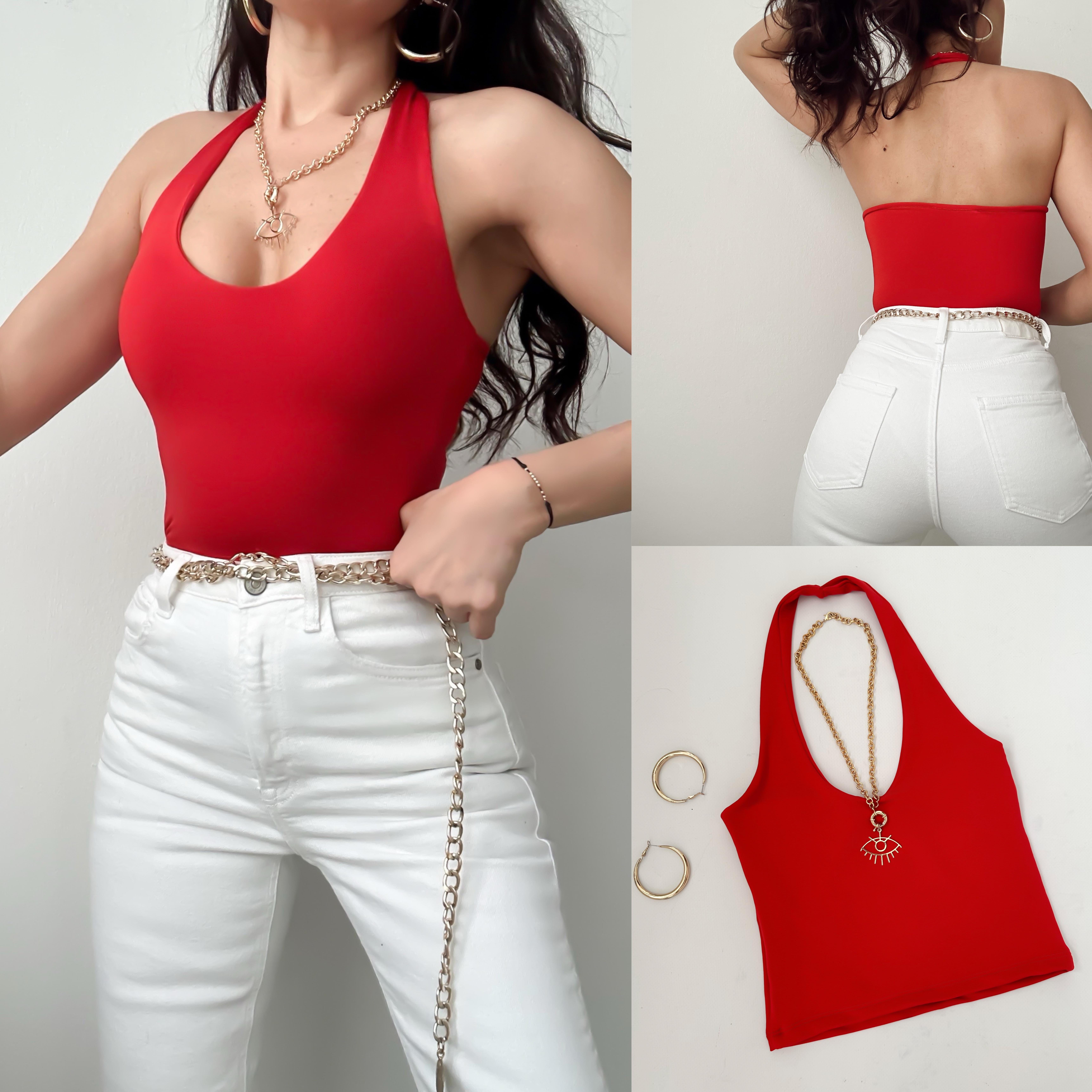 BSK ÇİFT KAT BOYUNDAN GEÇMELİ SANDY BLUZ KIRMIZI