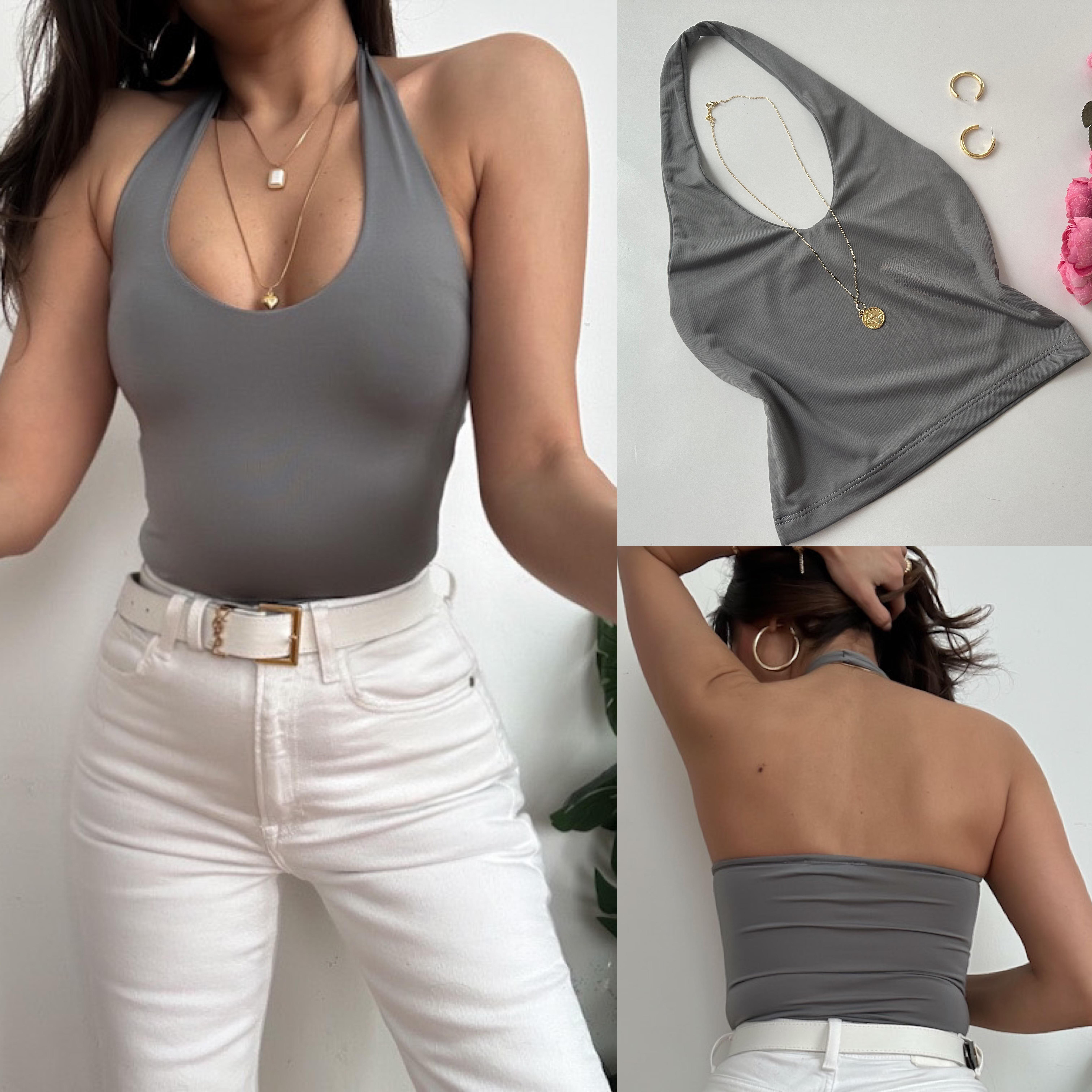 BSK SANDY BOYUNDAN GEÇMELİ BLUZ GRİ