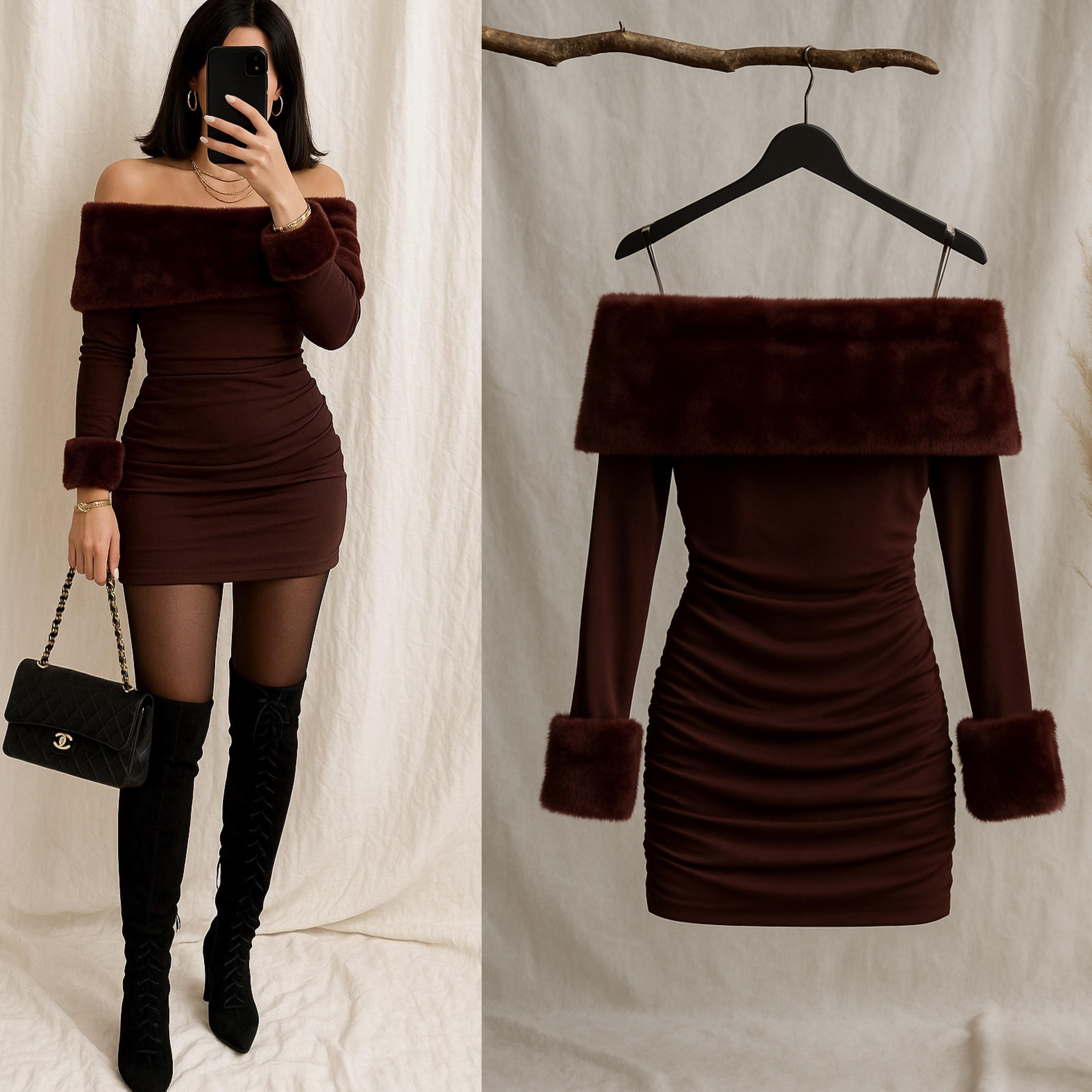 CLAIRE KÜRK DETAYLI ELBİSE