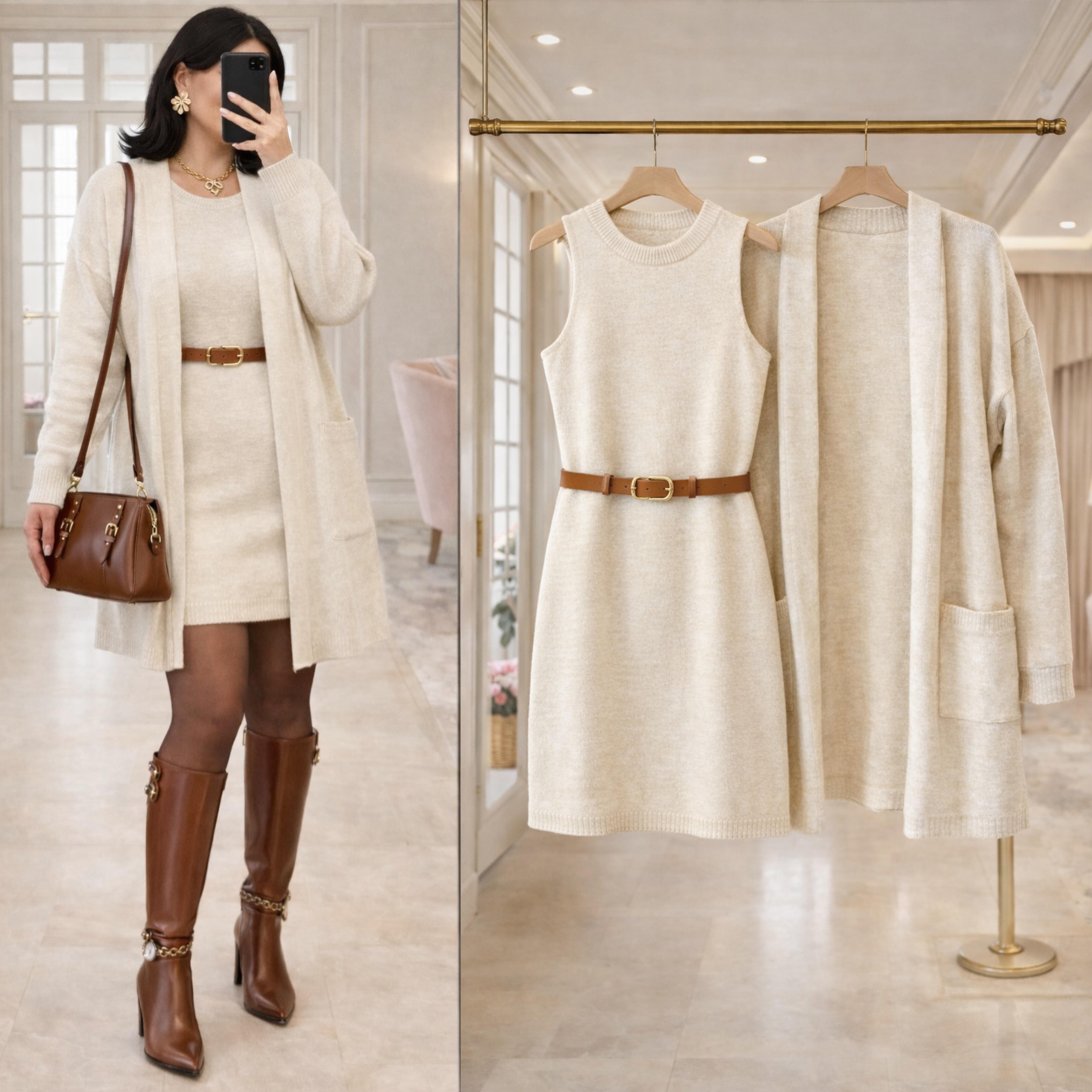 DARINA HIRKA ELBİSE KEMER TRİKO TAKIM EKRU