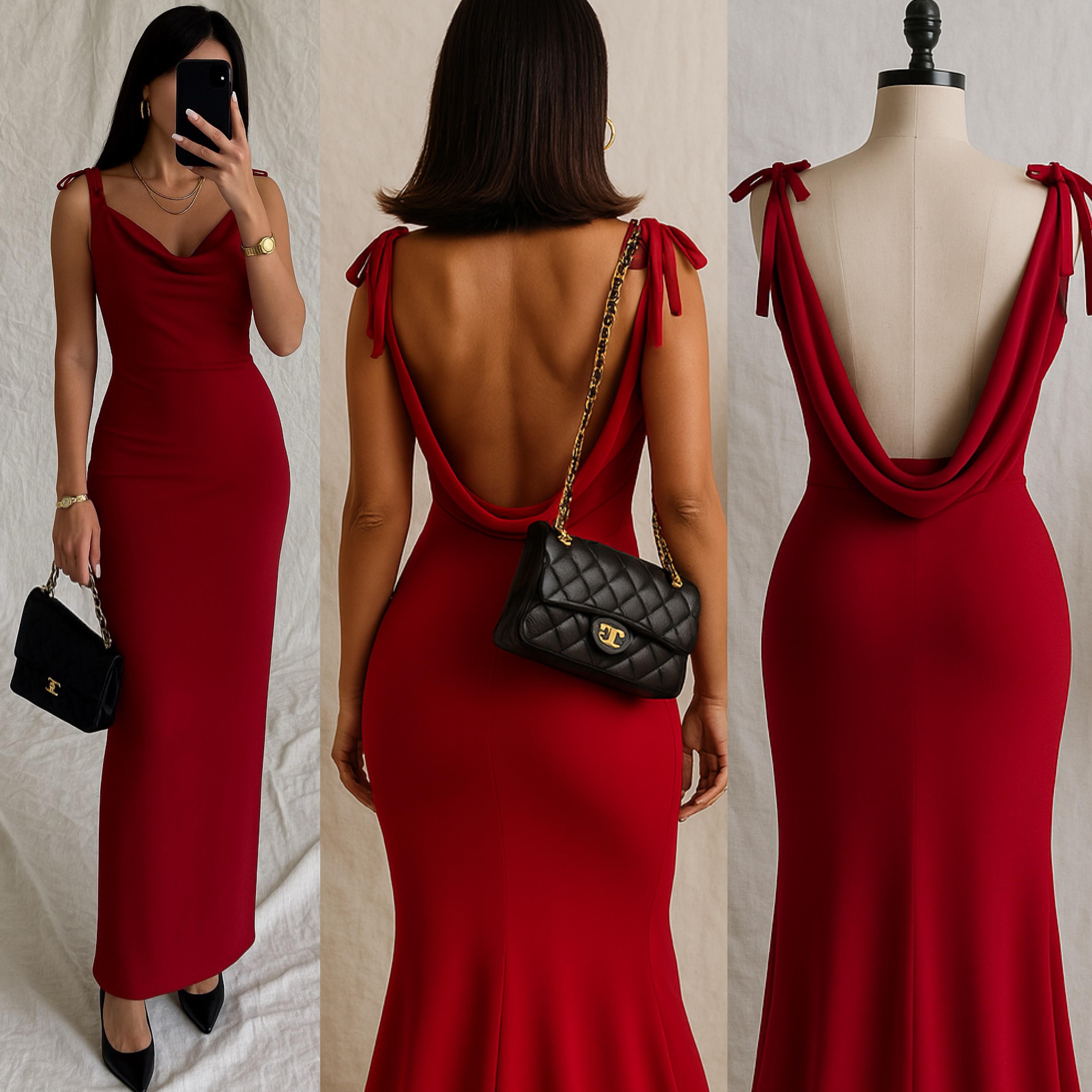 DIVAME SIRT DEKOLTELİ MAXI ELBİSE RED