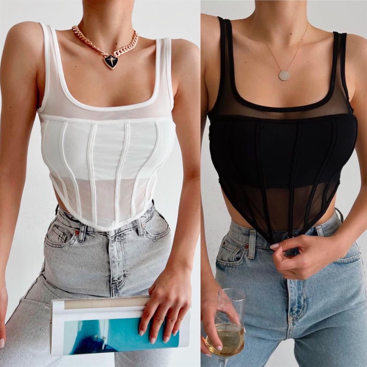 Elena tül detaylı astarlı bluz