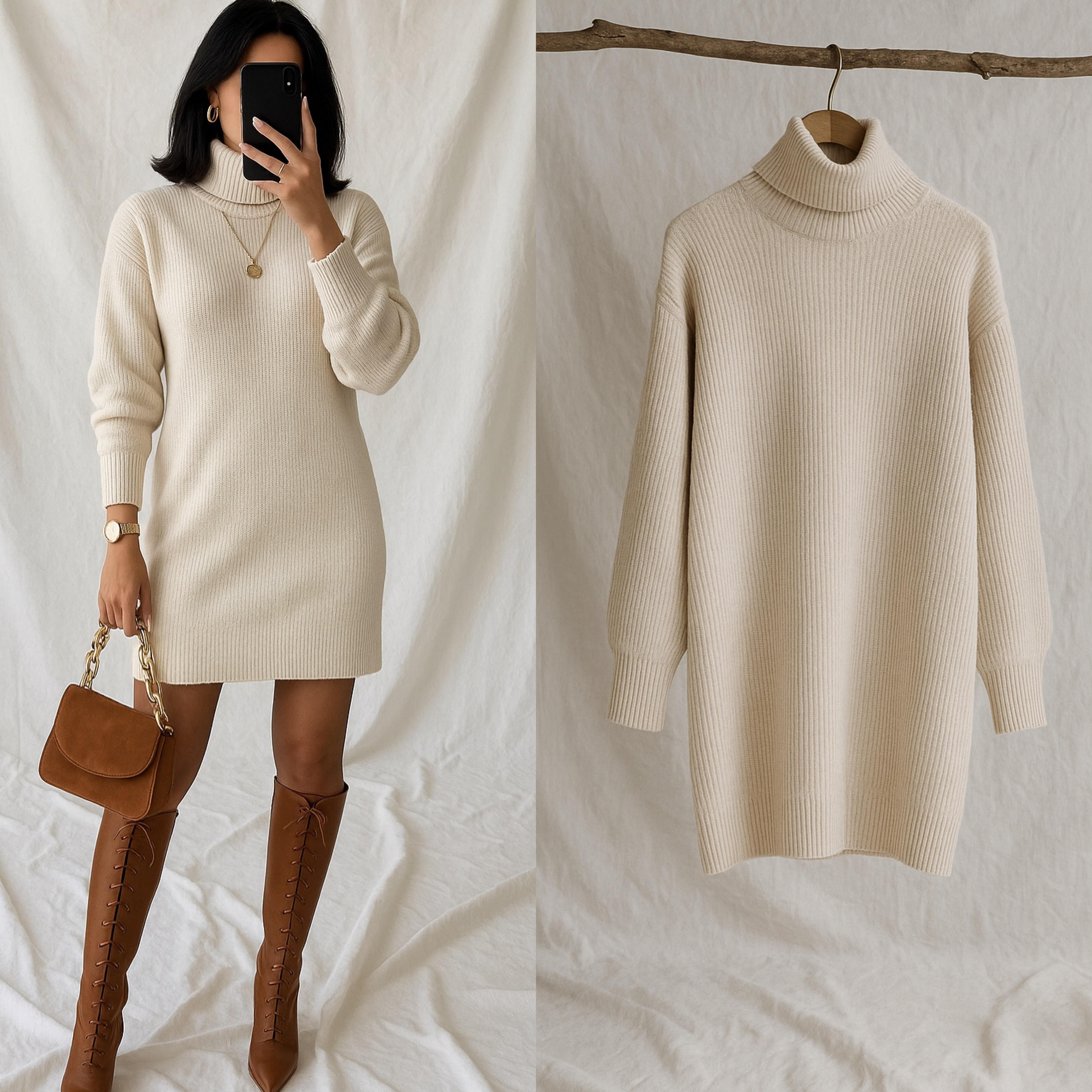 EVVA BALIKÇI OVERSIZE KAZAK ELBİSE EKRU