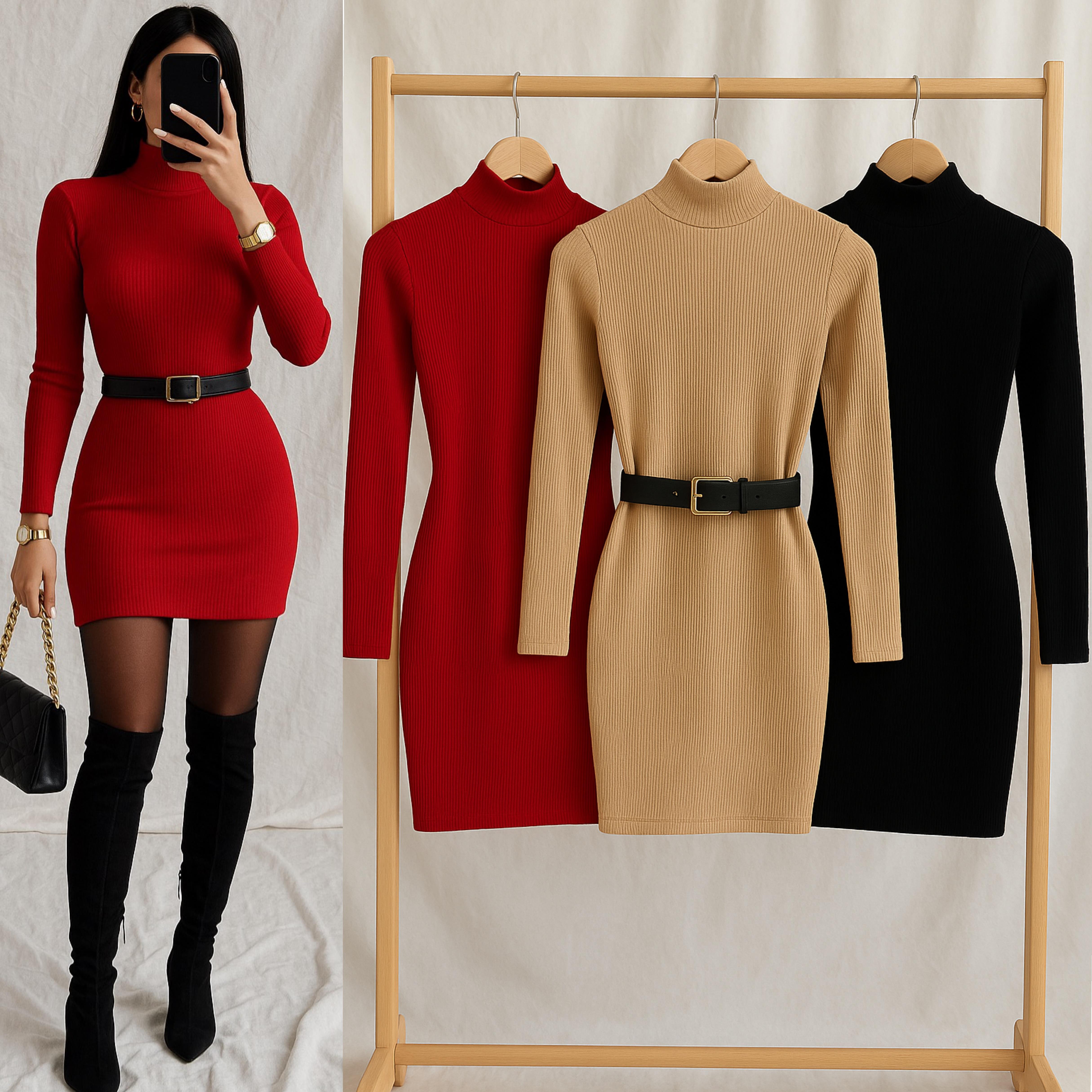 GENNY ÇIKARILABİLİR KEMERLİ BALIKÇI YAKA TRİKO ELBİSE