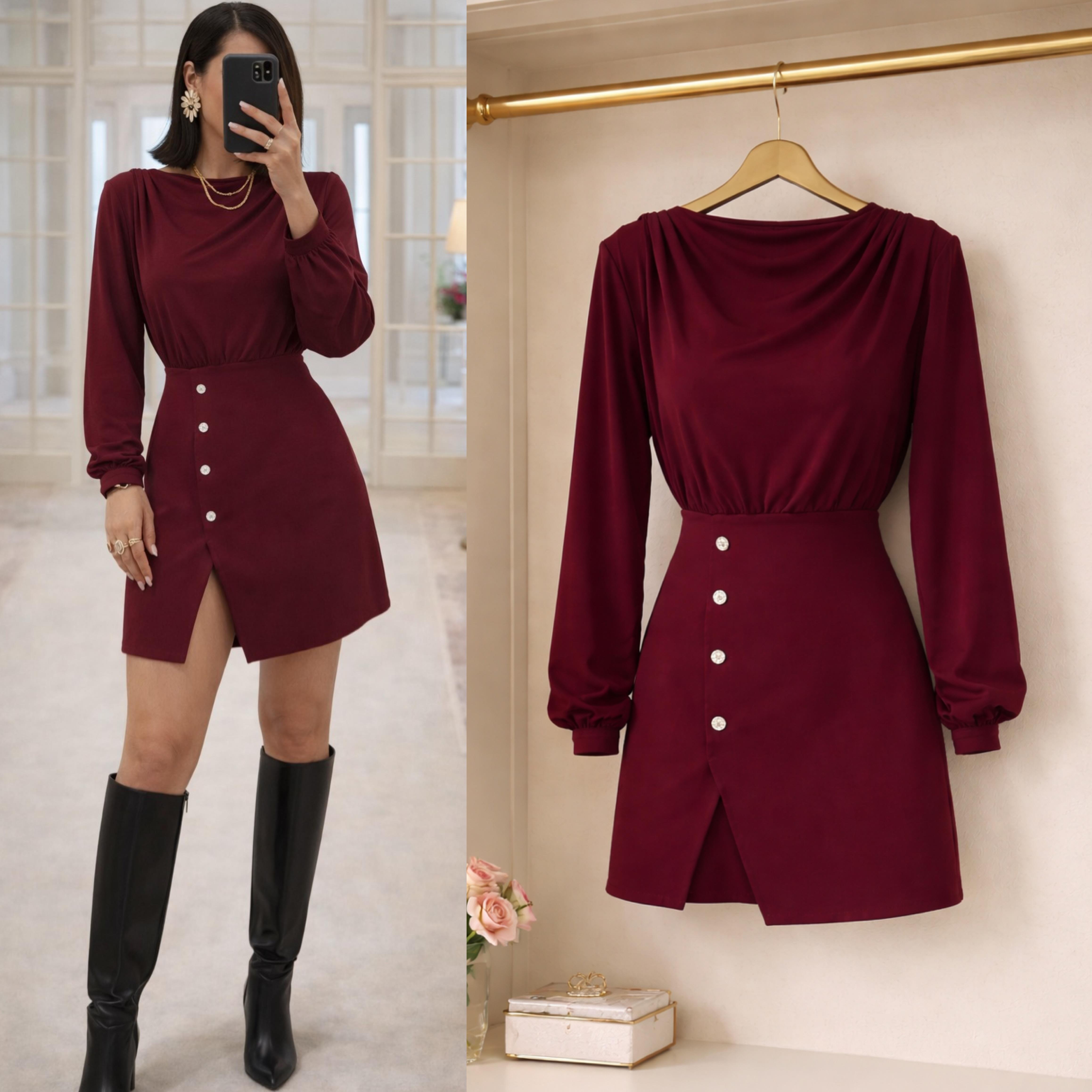 ILIADA DÜĞMELİ ELBİSE BORDO