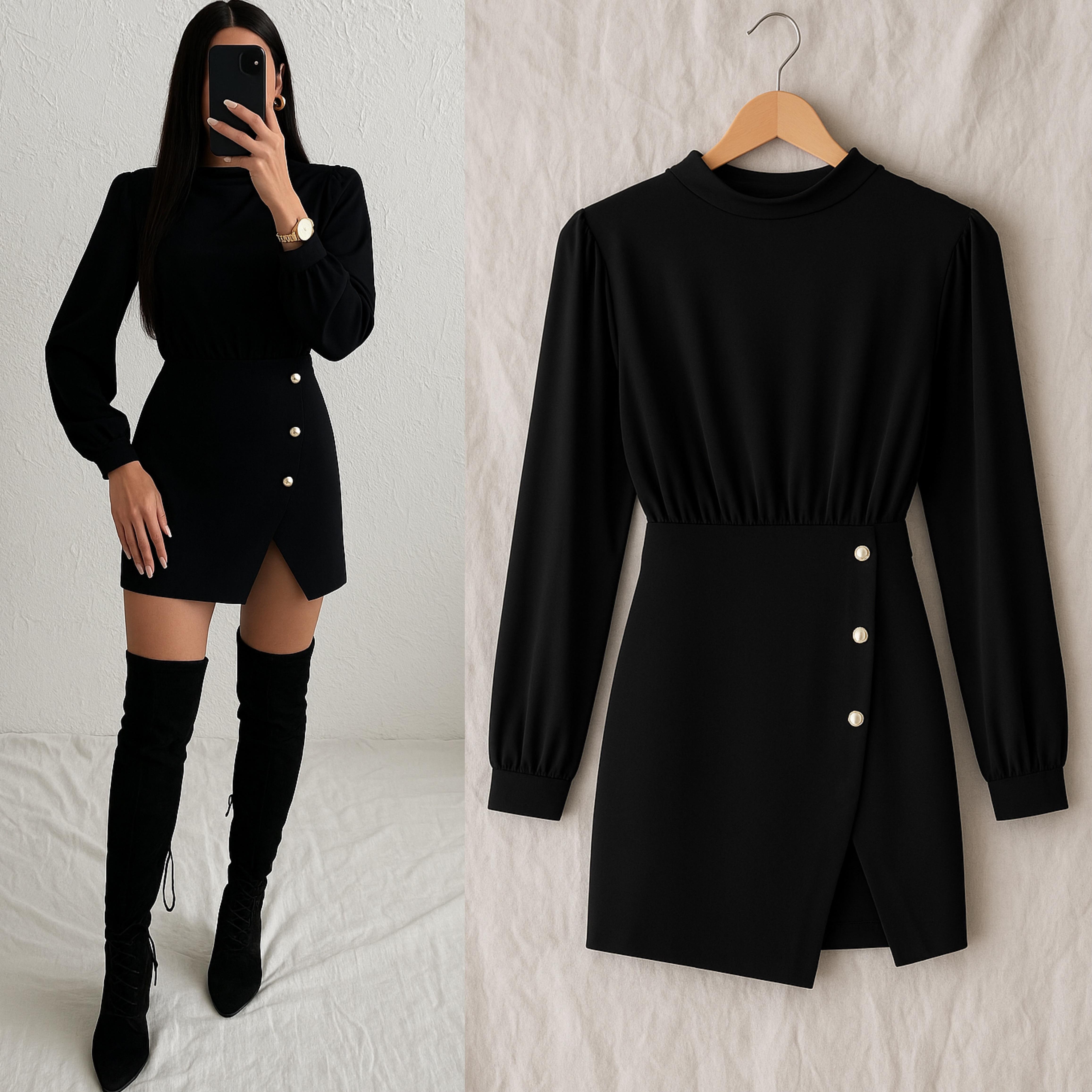 ILIADA DÜĞMELİ VATKALI ELBİSE 