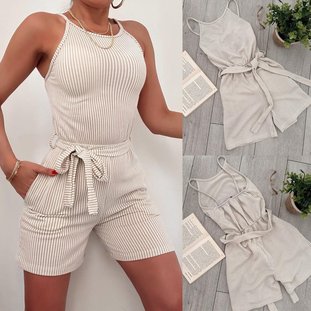IRINA ÇİZGİLİ KISA TULUM KREM