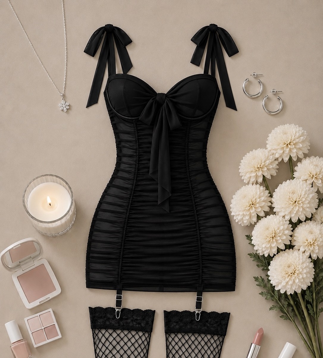 JOLY ESNEK TÜL ELBİSE ÇORAP STRING DAHİL TAKIM