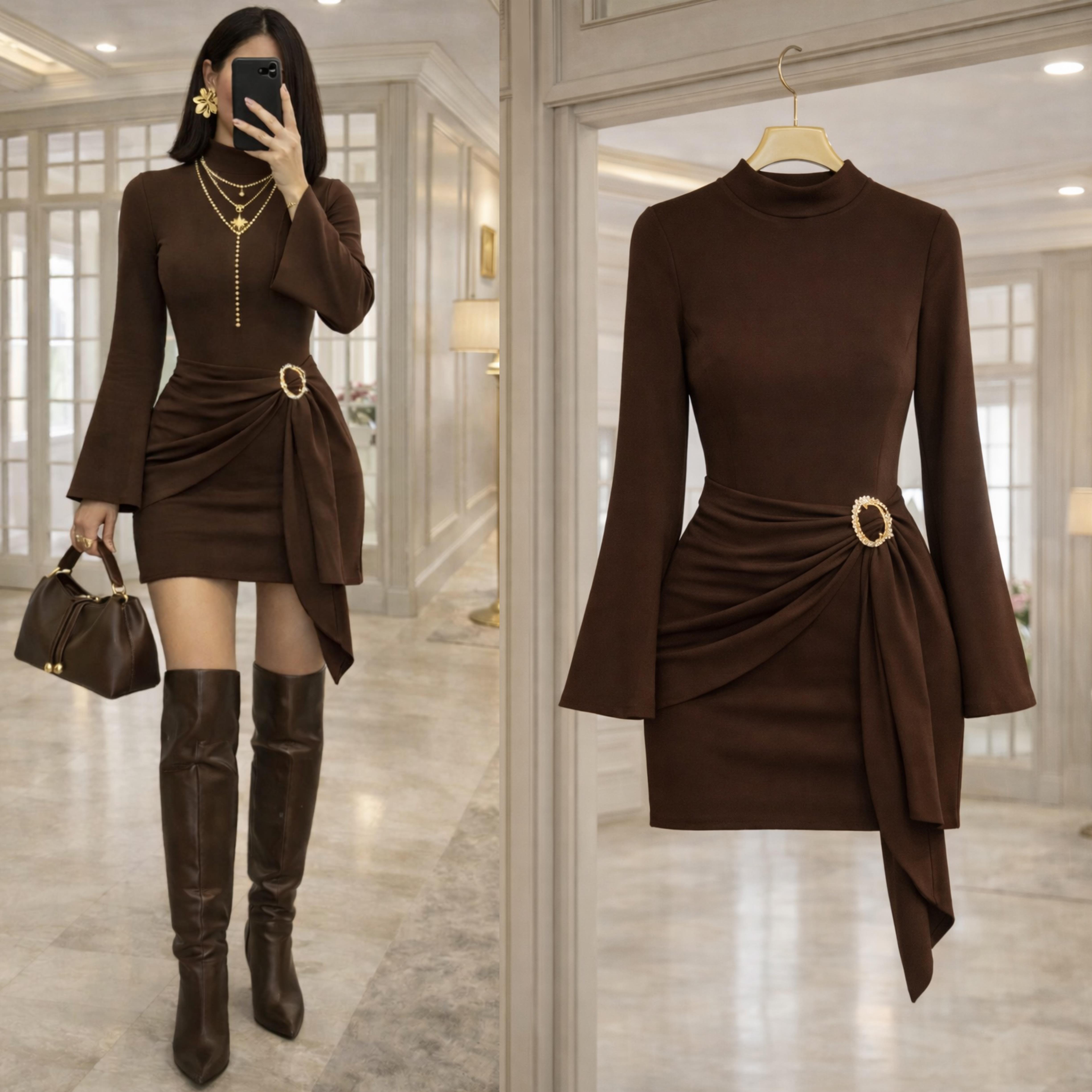 JUDY AKSESUARLI DİK YAKA ELBİSE KAHVE