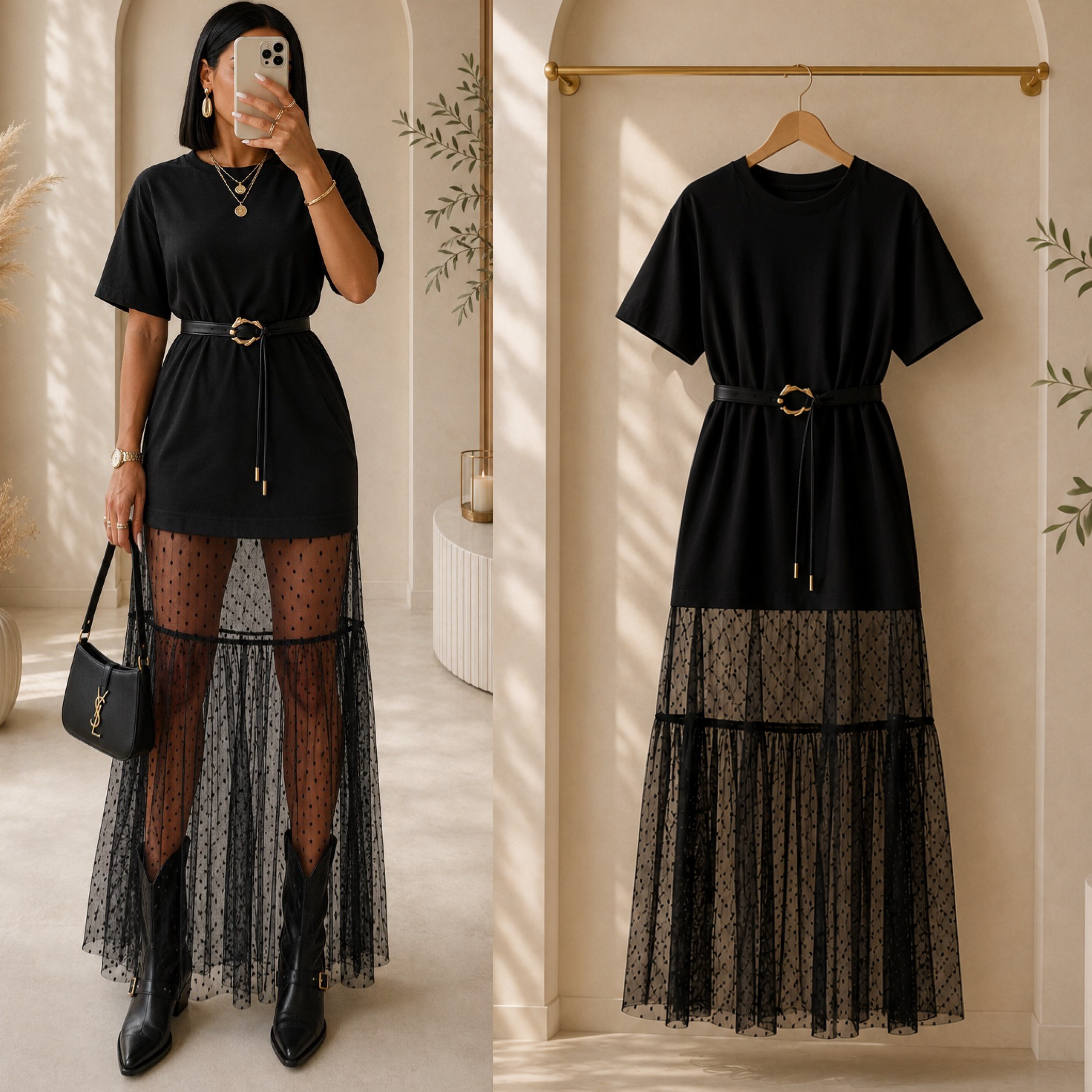 JULYA TÜL DETAYLI KEMERLİ  TSHİRT ELBİSE