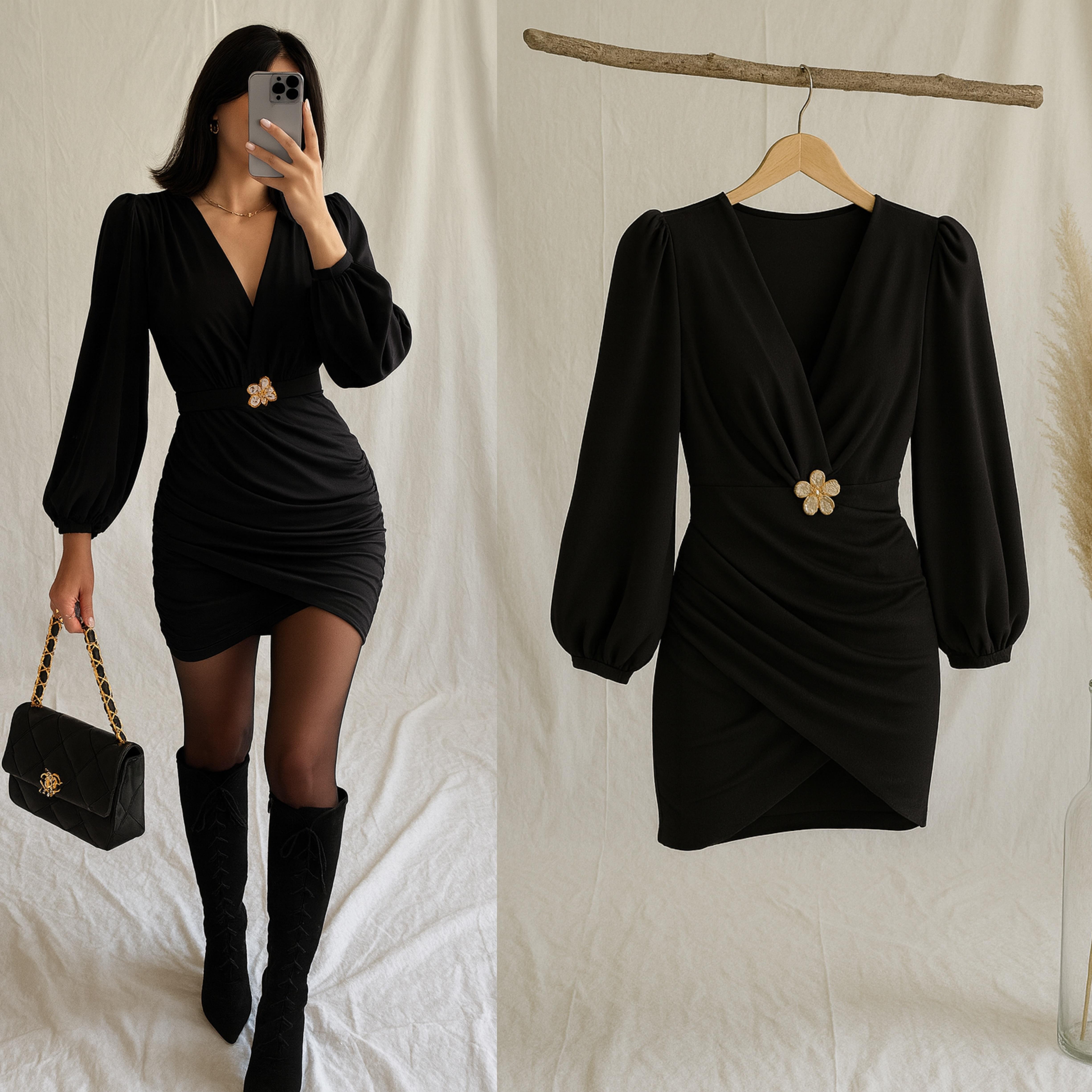 KAINA AKSESUARLI MİNİ ELBİSE SİYAH