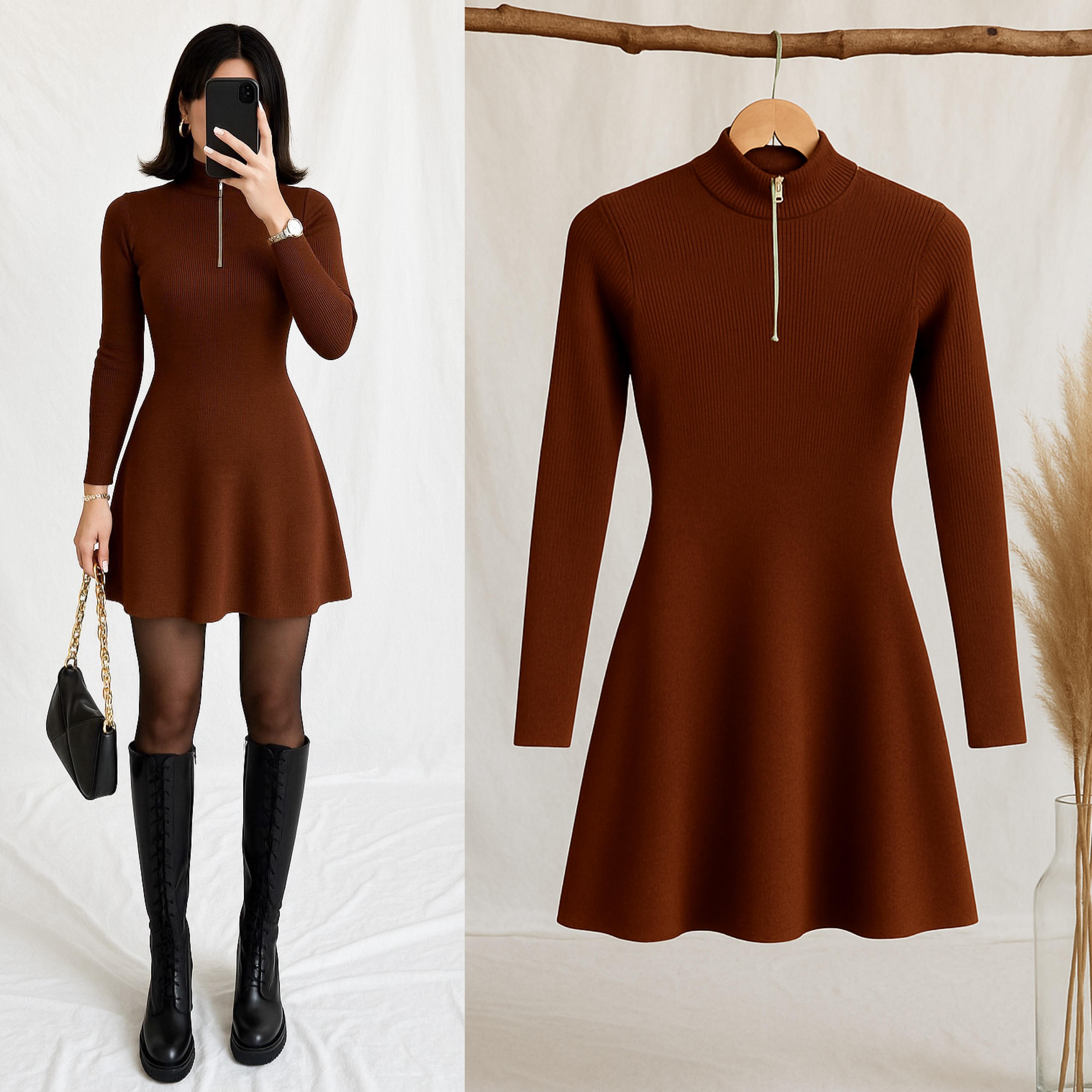 LANYA FERMUARLI ELBİSE KAHVE