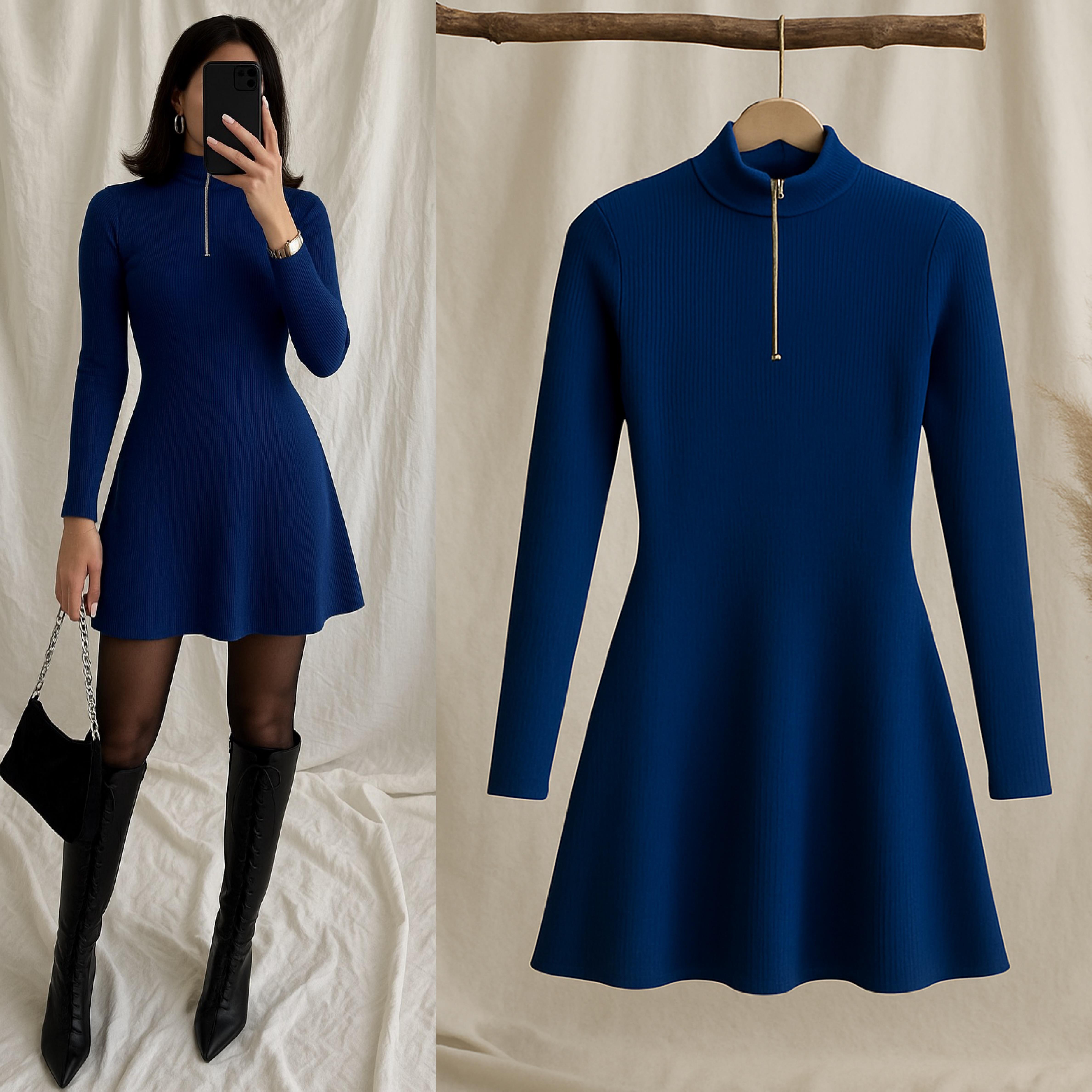 LANYA FERMUARLI ELBİSE SAKS