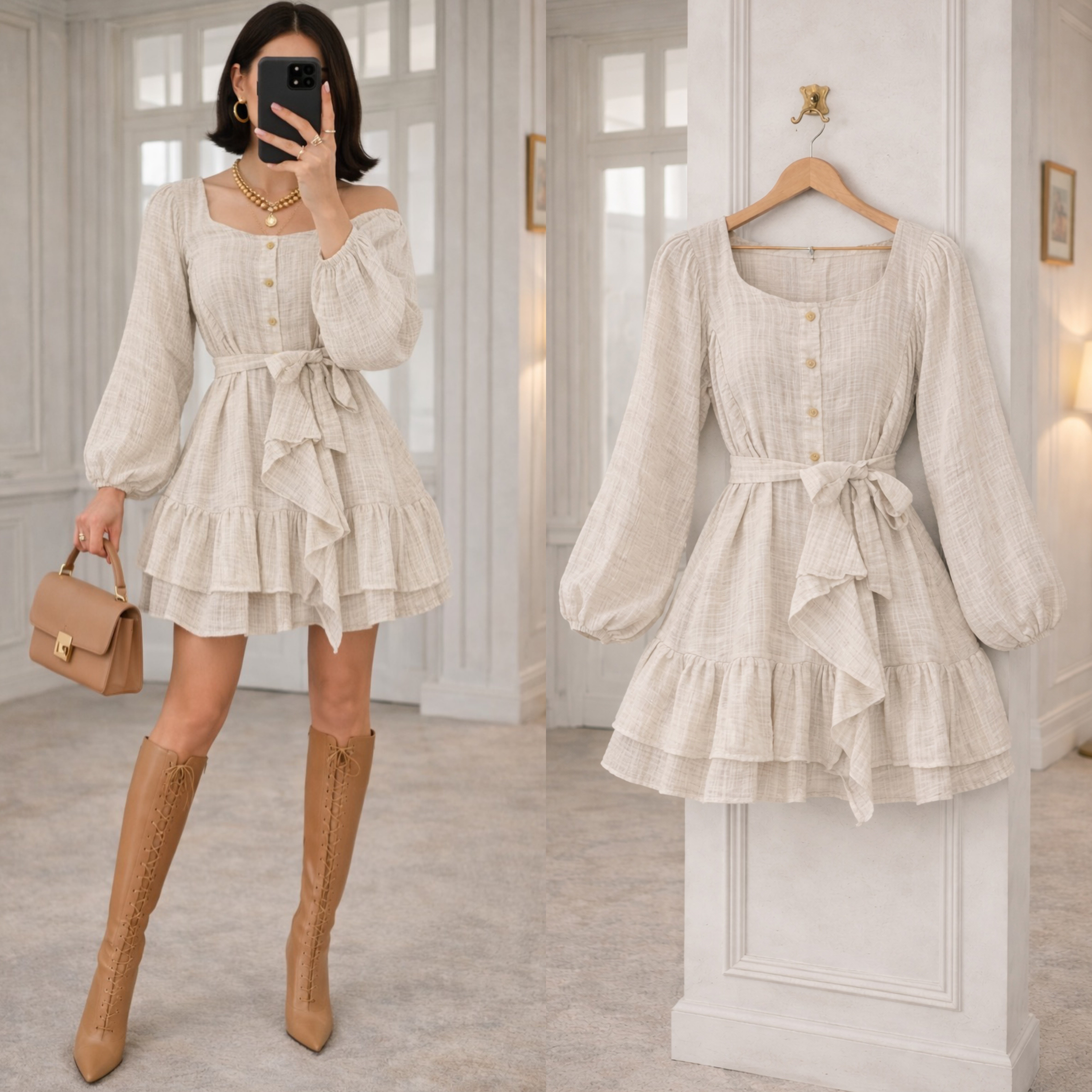 LIENA ASTARLI PAMUKLU KETEN ELBİSE