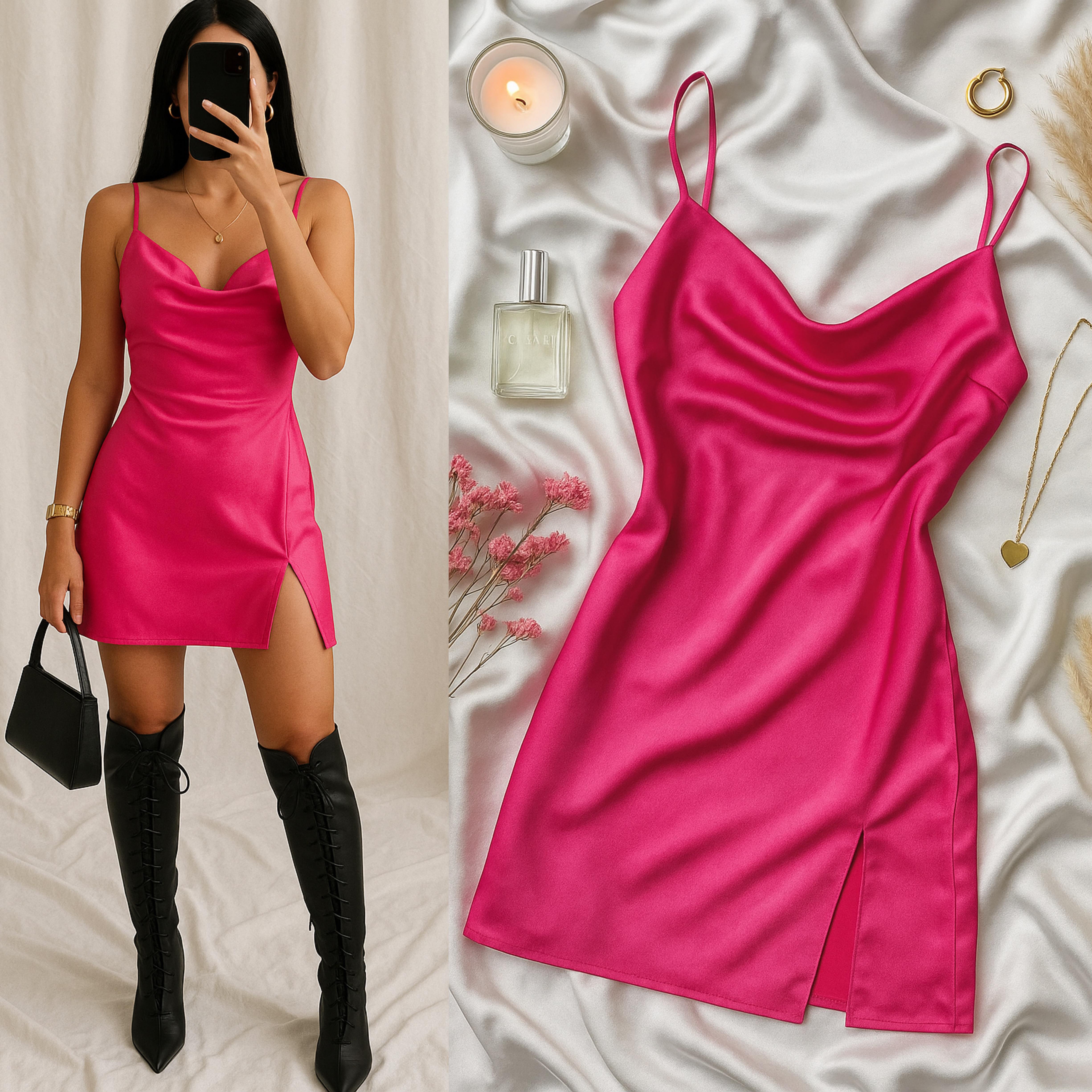 LINASA SATEN YIRTMAÇLI MİNİ ELBİSE