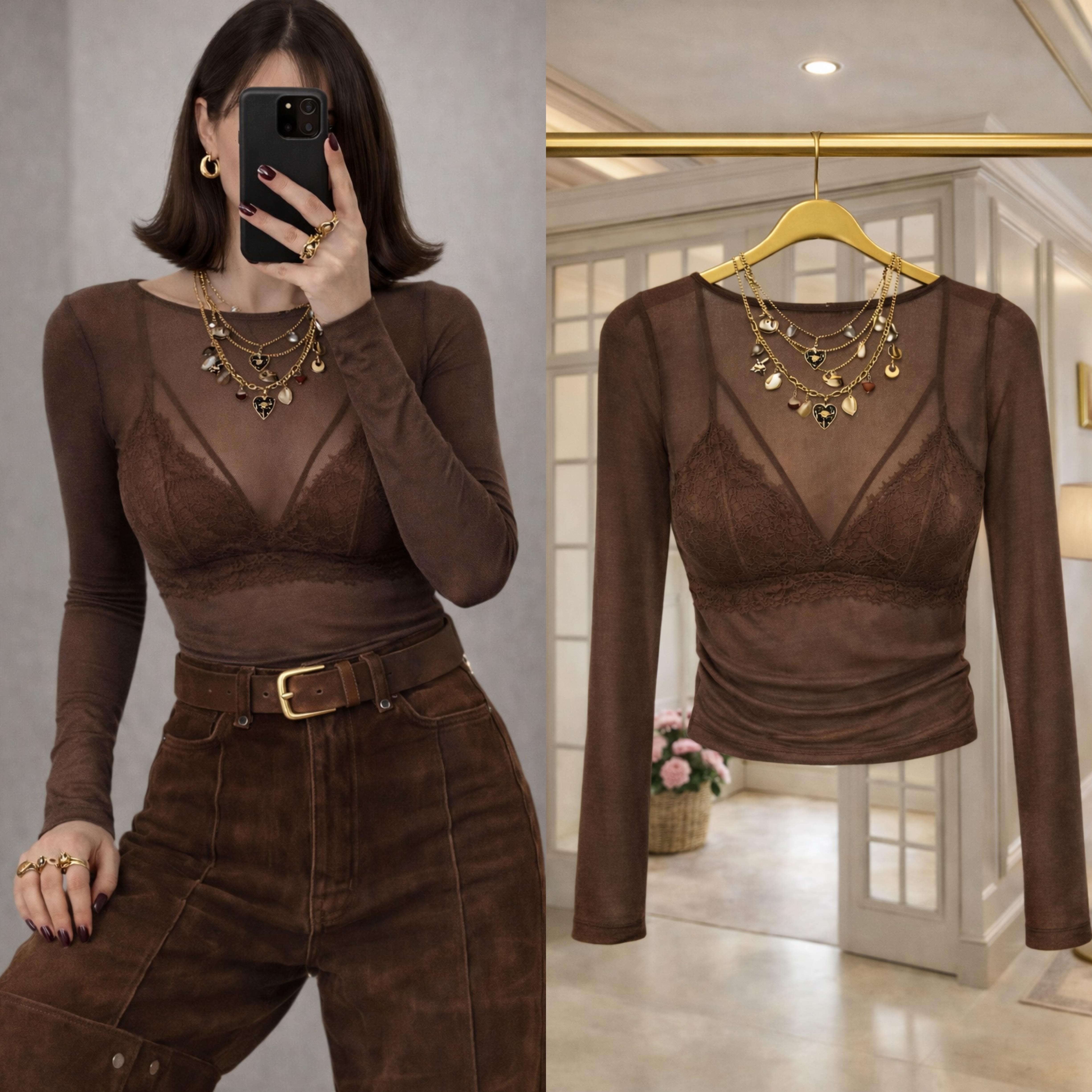 LINYA TRANSPARAN İNCE KUMAŞ BLUZ KAHVE