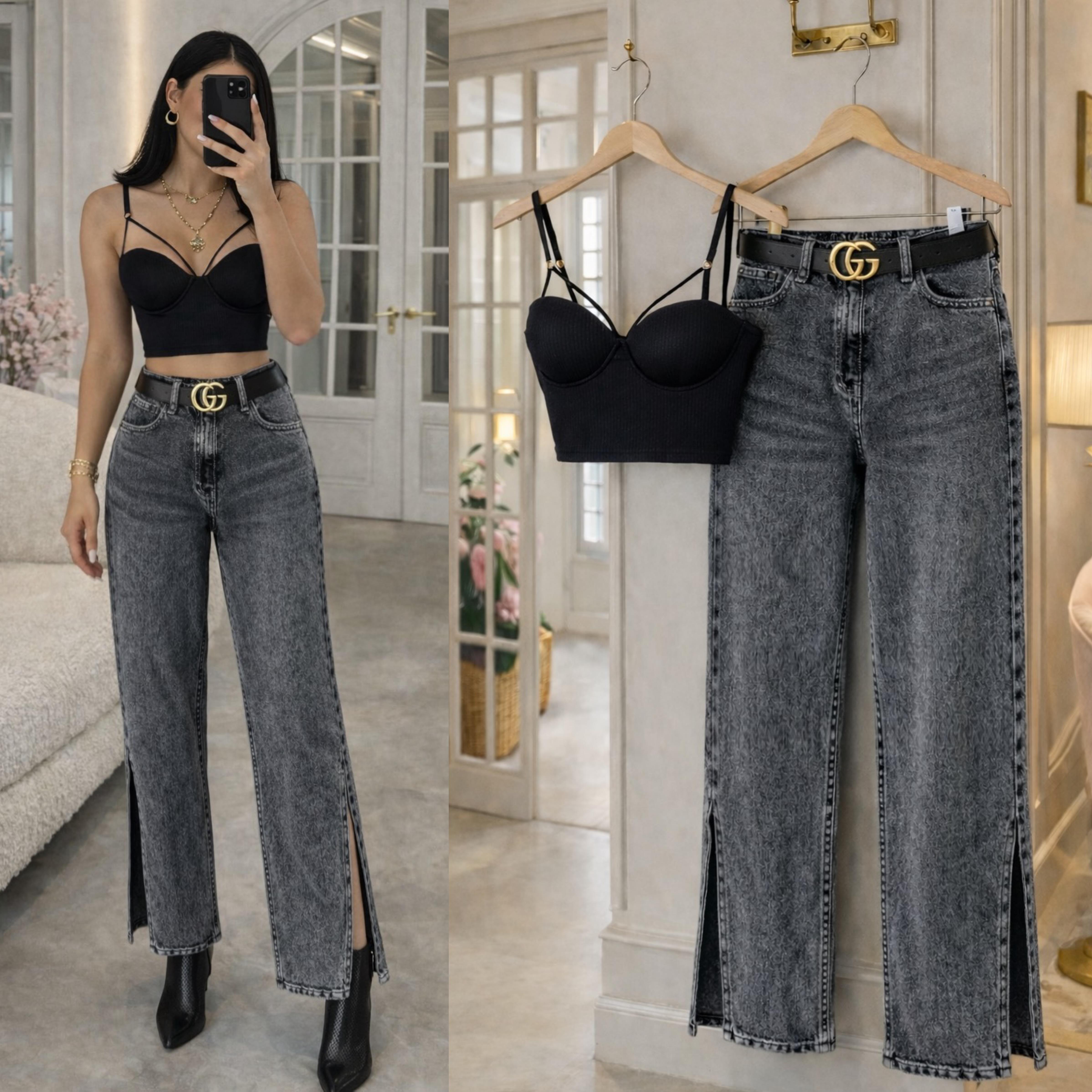LONA YÜKSEK BEL PAÇA YIRTMAÇLI JEAN