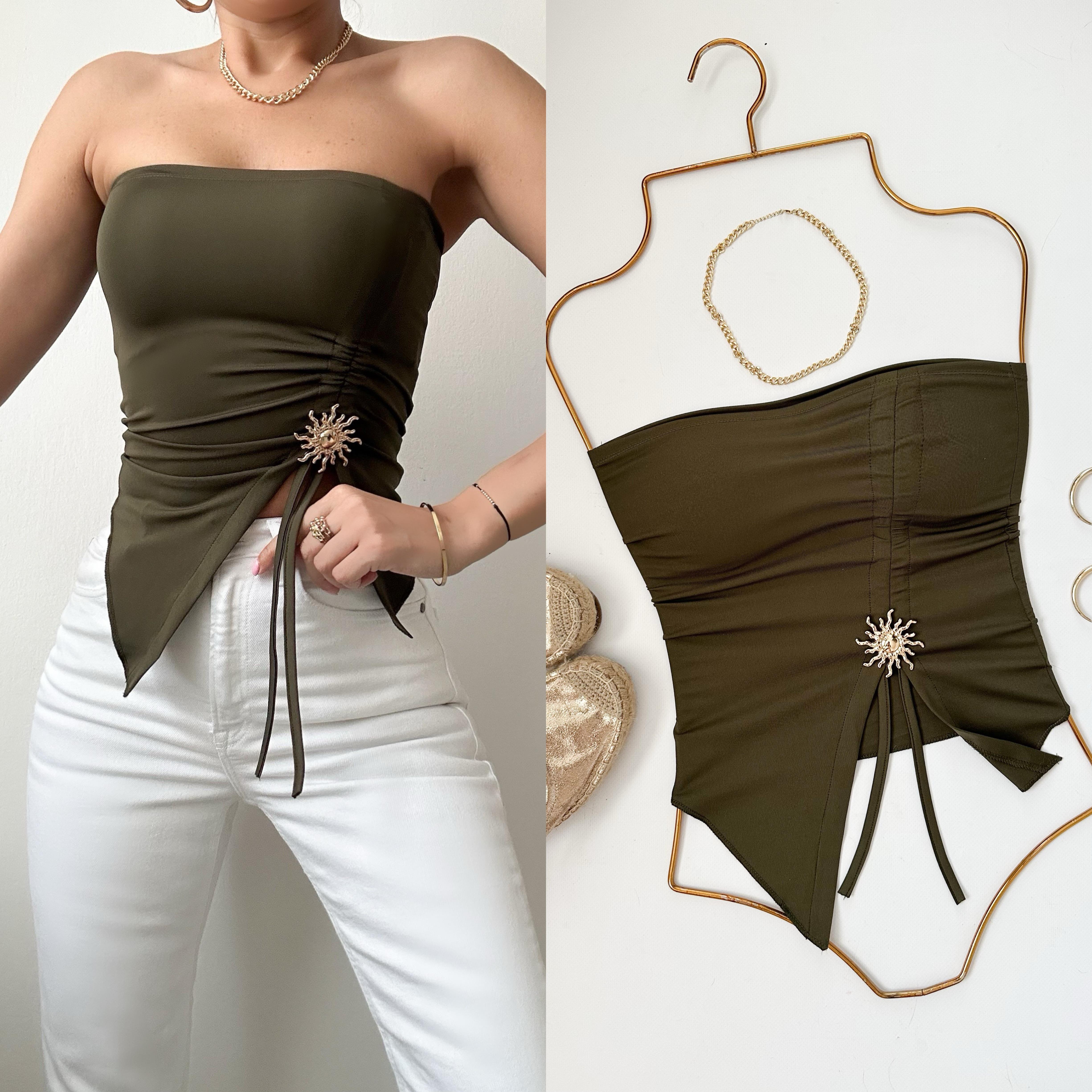 LUIZA GÖĞSÜ ÇIKARILABİLİR DOLGULU AKSESUARLI BLUZ HAKİ