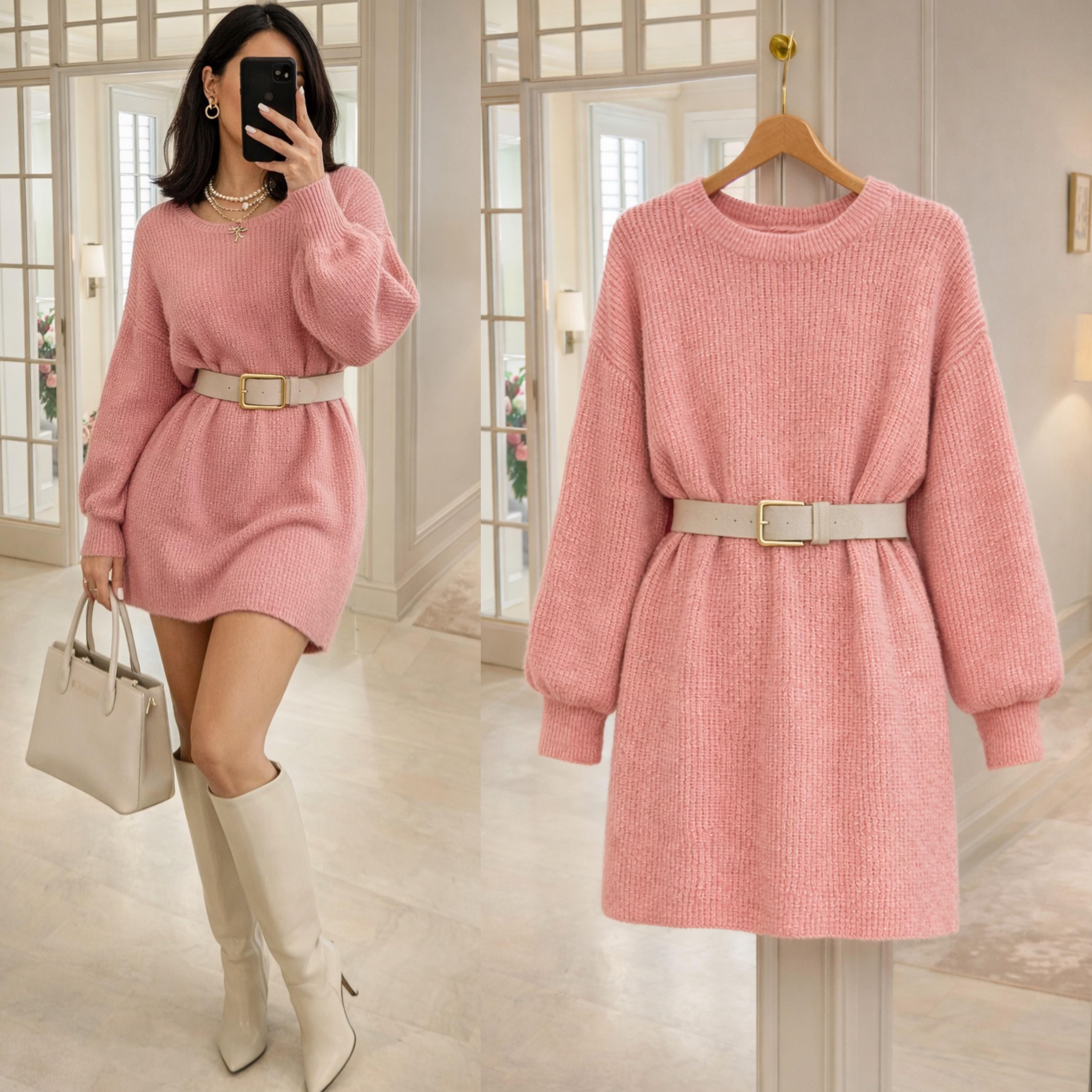 LUNA BALON KOL KEMERLİ OVERSİZE TRİKO ELBİSE