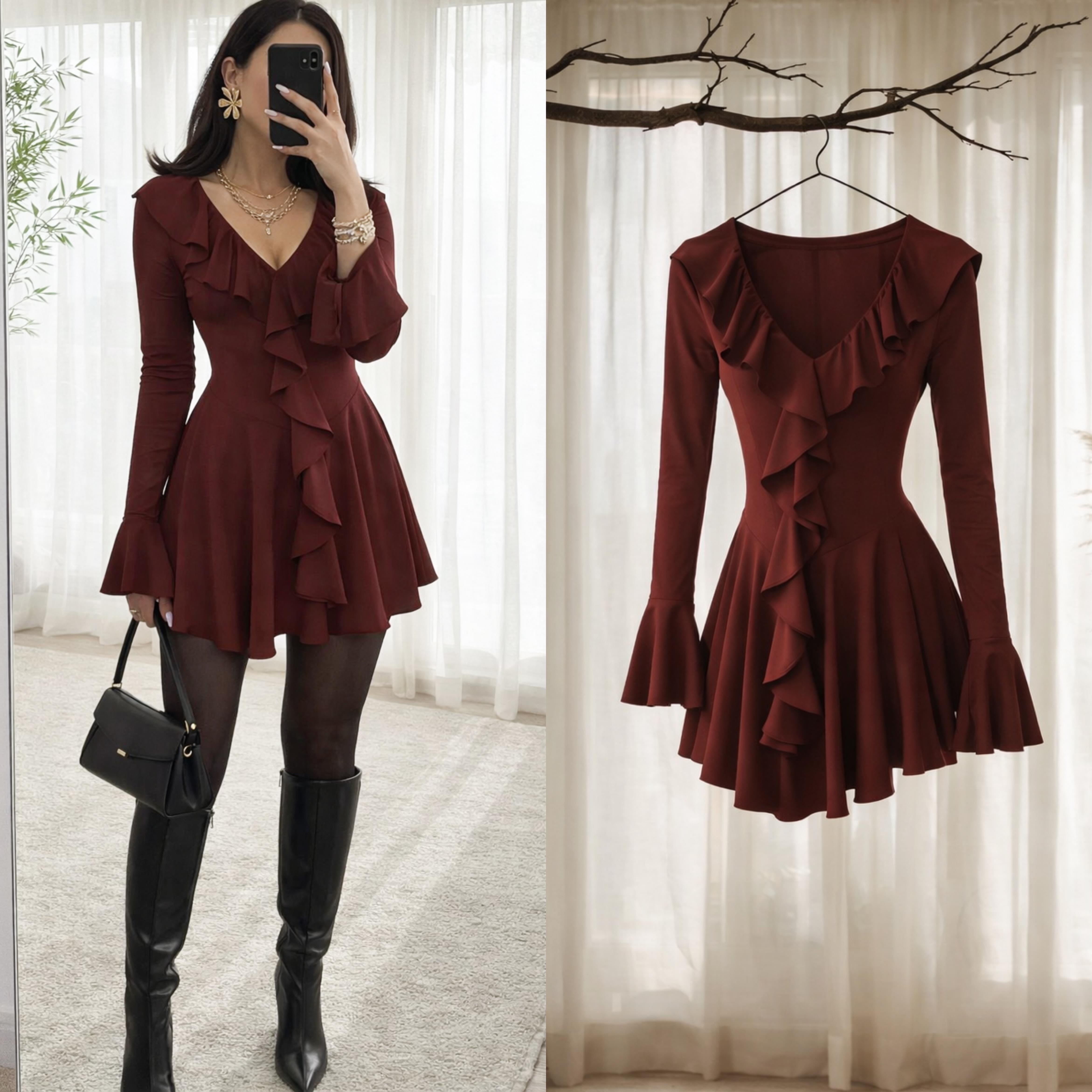 MANCHE VOLANLI SANDY MİNİ ELBİSE 