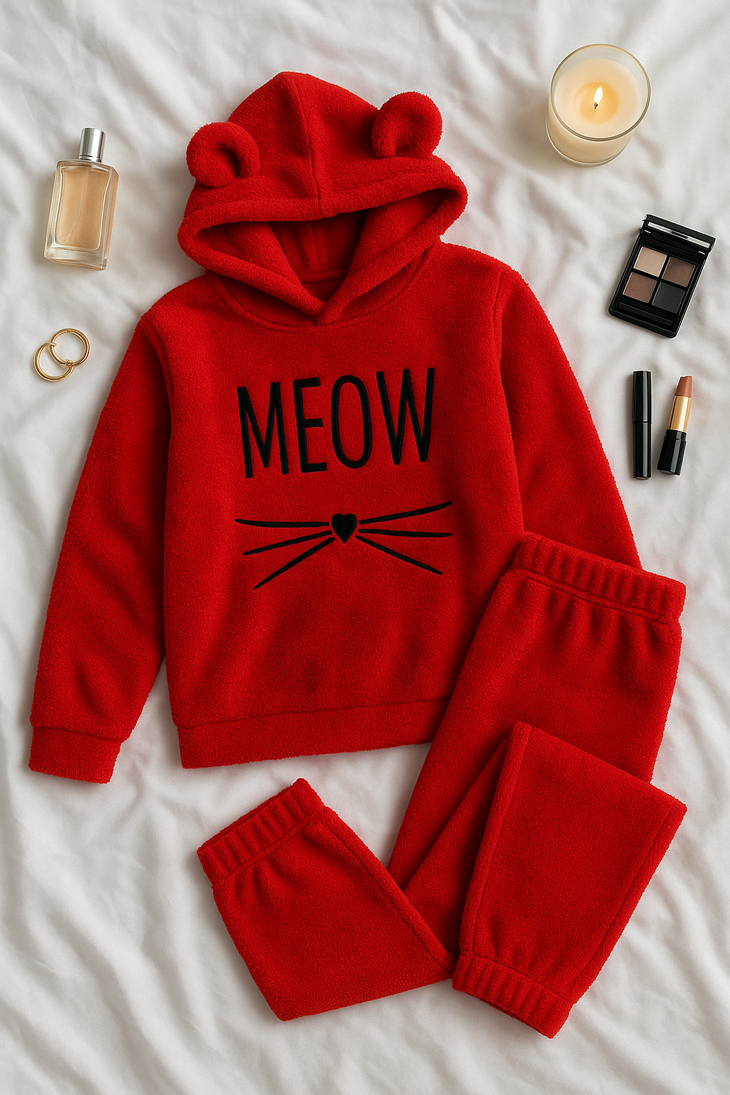 MEOW PELUŞ PİJAMA TAKIMI KIRMIZI