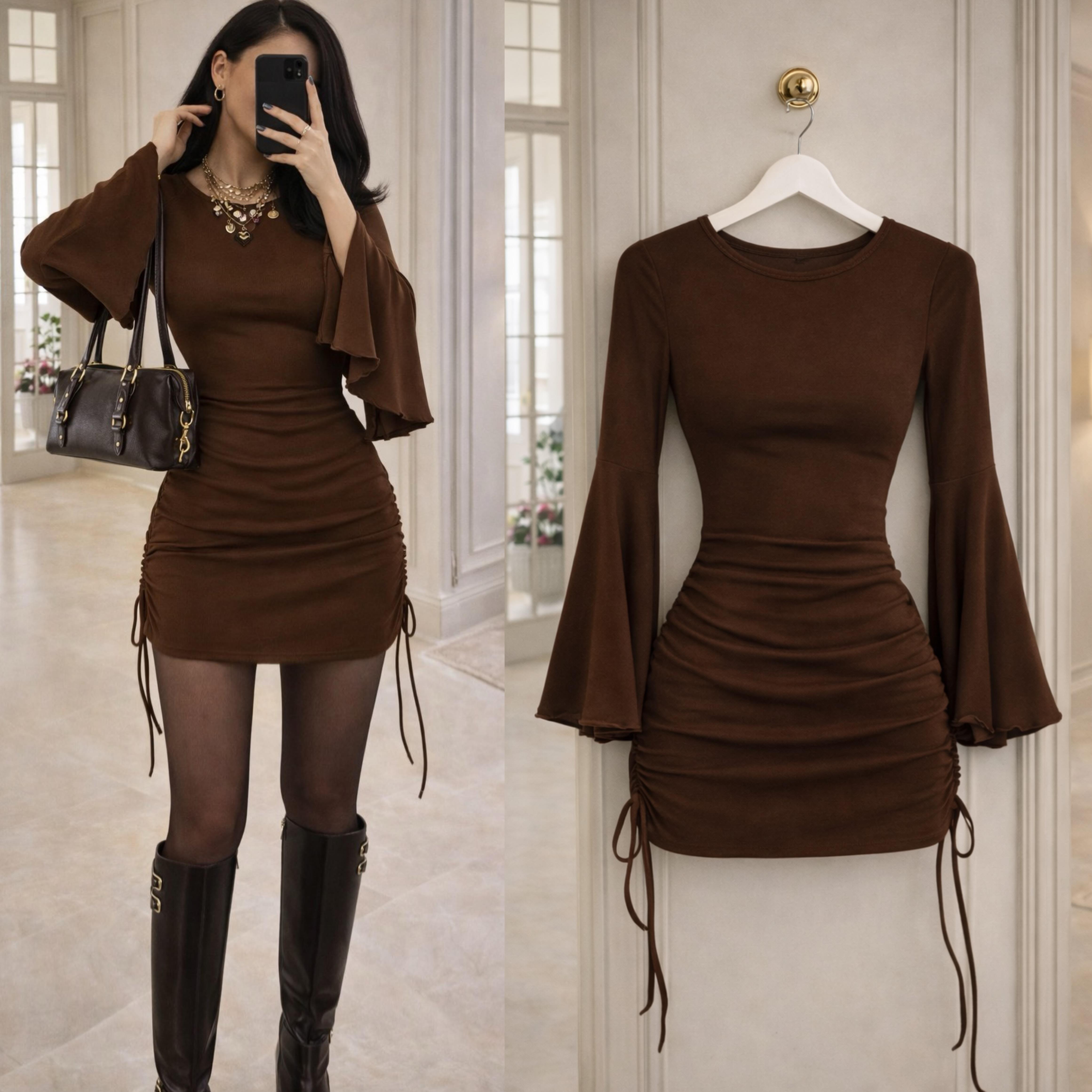 MINDY BÜZGÜ DETAYLI İSPANYOL KOL ELBİSE