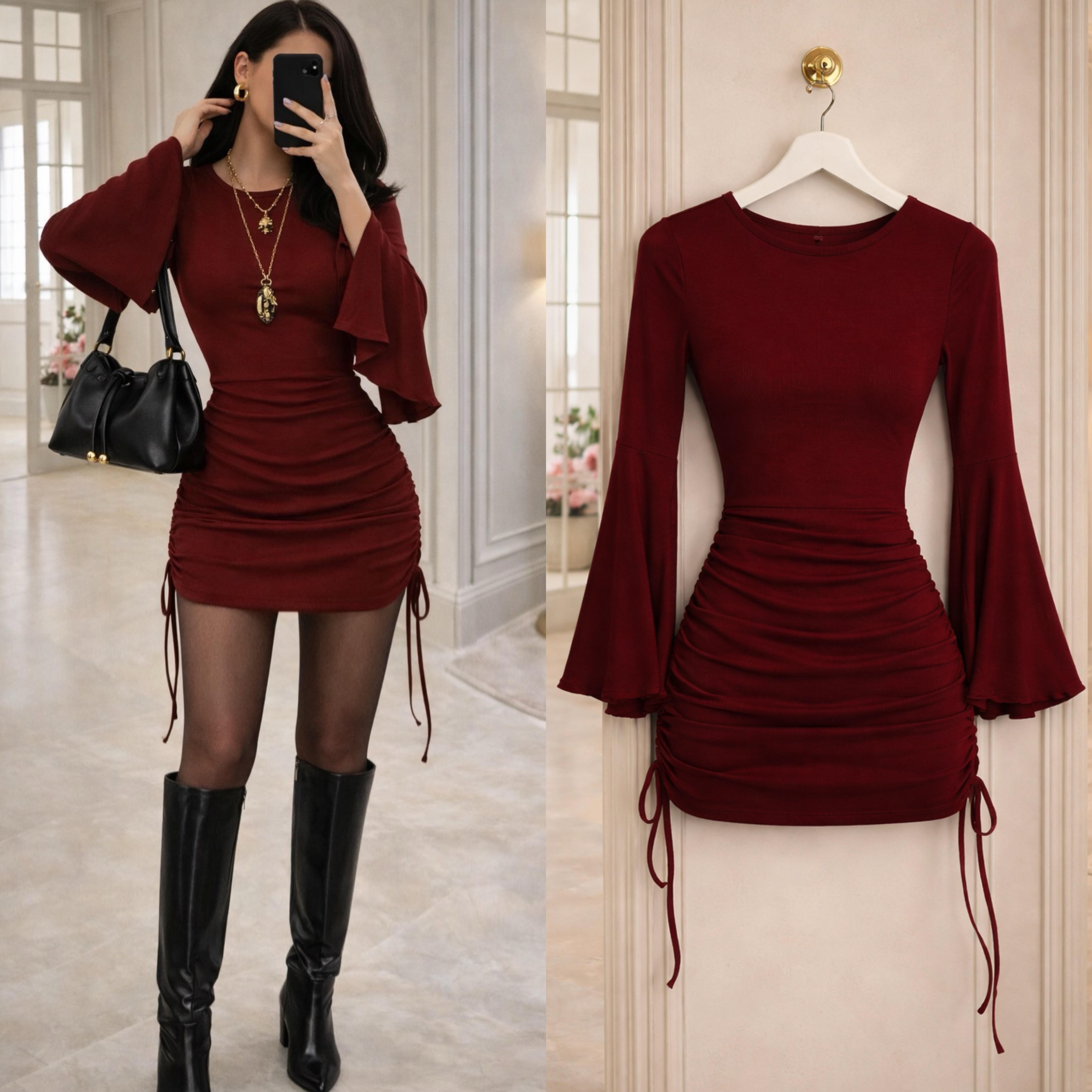 MINDY BÜZGÜ DETAYLI İSPANYOL KOL ELBİSE