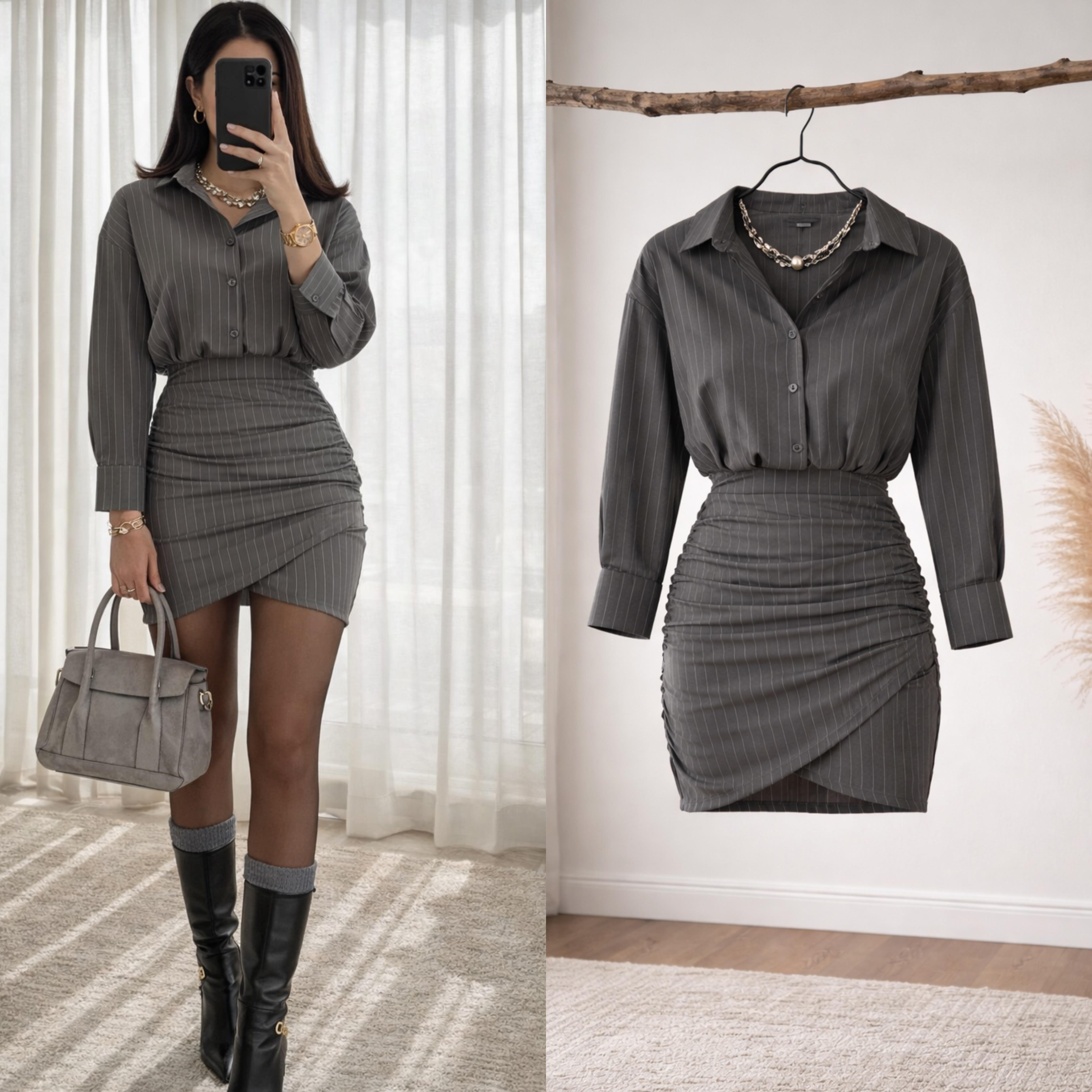 MINSA ÇİZGİLİ YAN FERMUARLI GÖMLEK ELBİSE