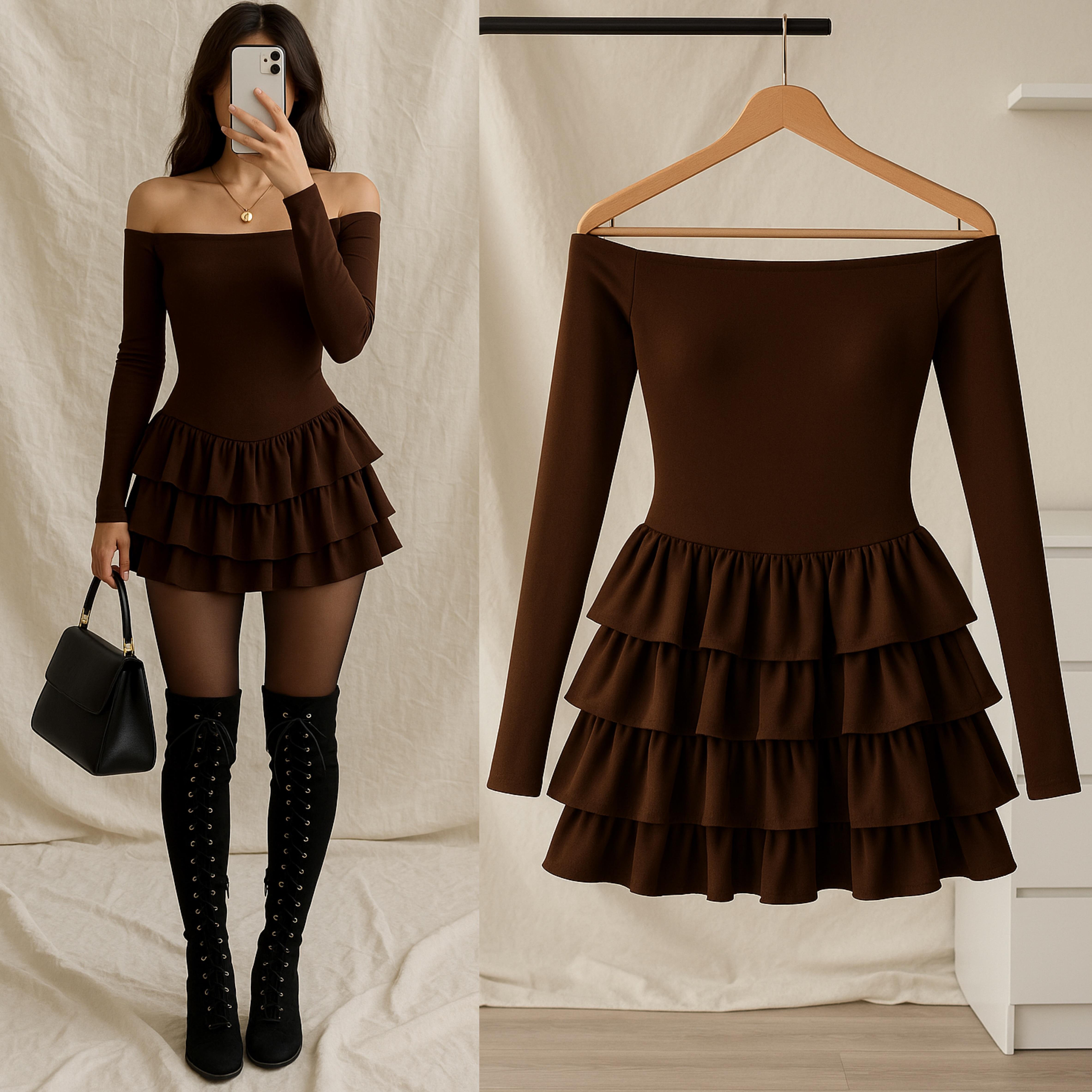 MIORE SANDY KAYIK YAKA MİNİ ELBİSE KAHVE