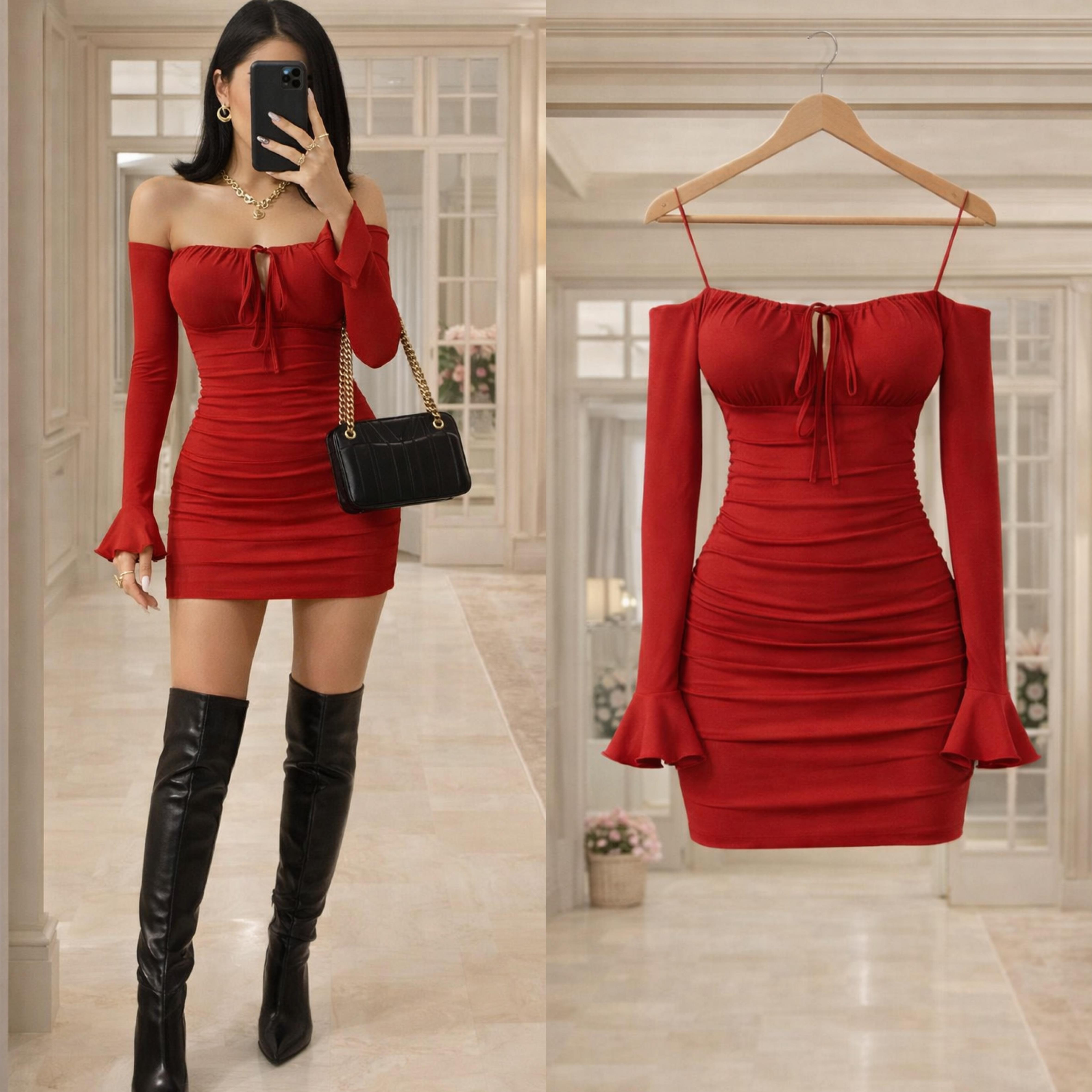 NIA RED İSPANYOL KOL ELBİSE 