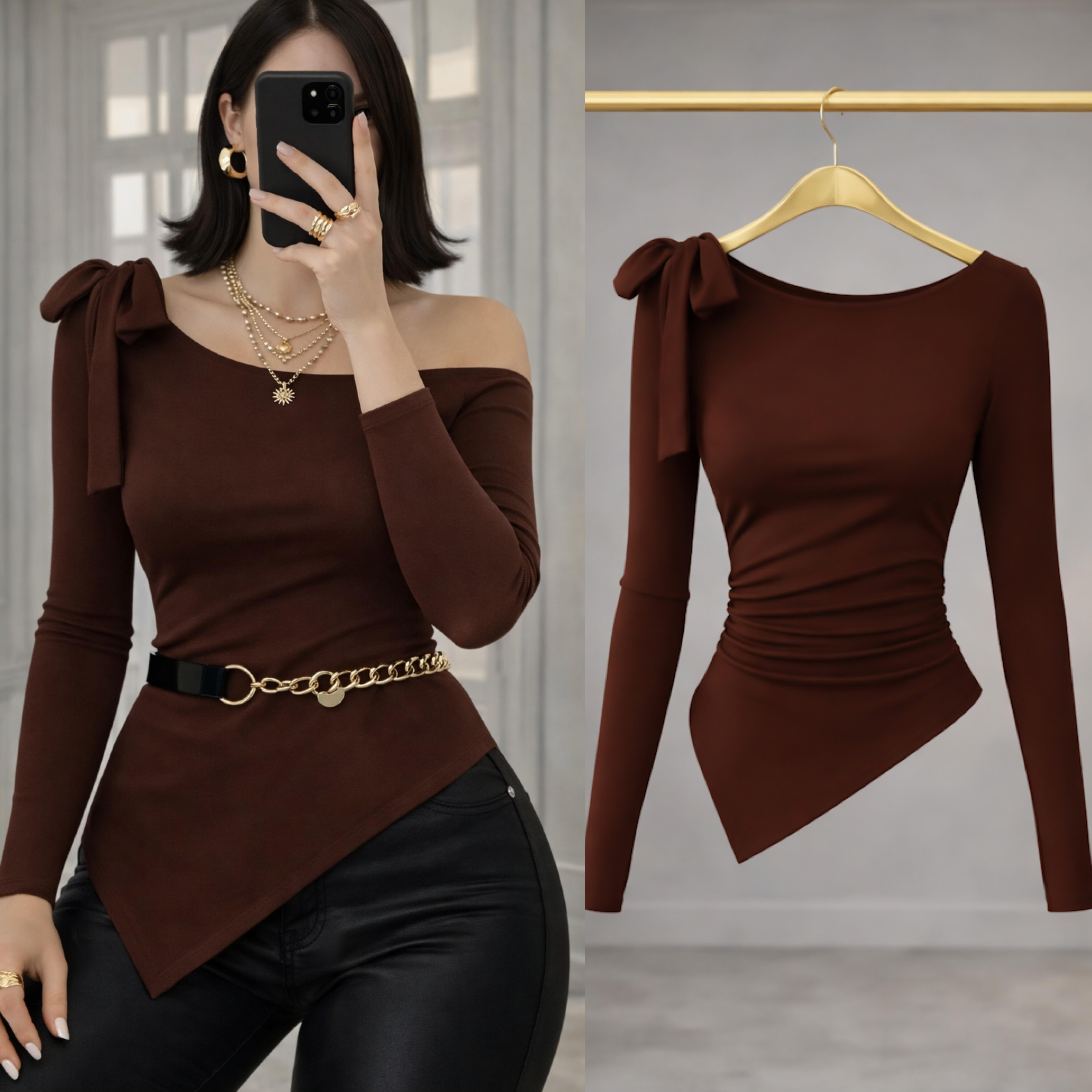 OLI KURDELE DETAYLI BLUZ KAHVE