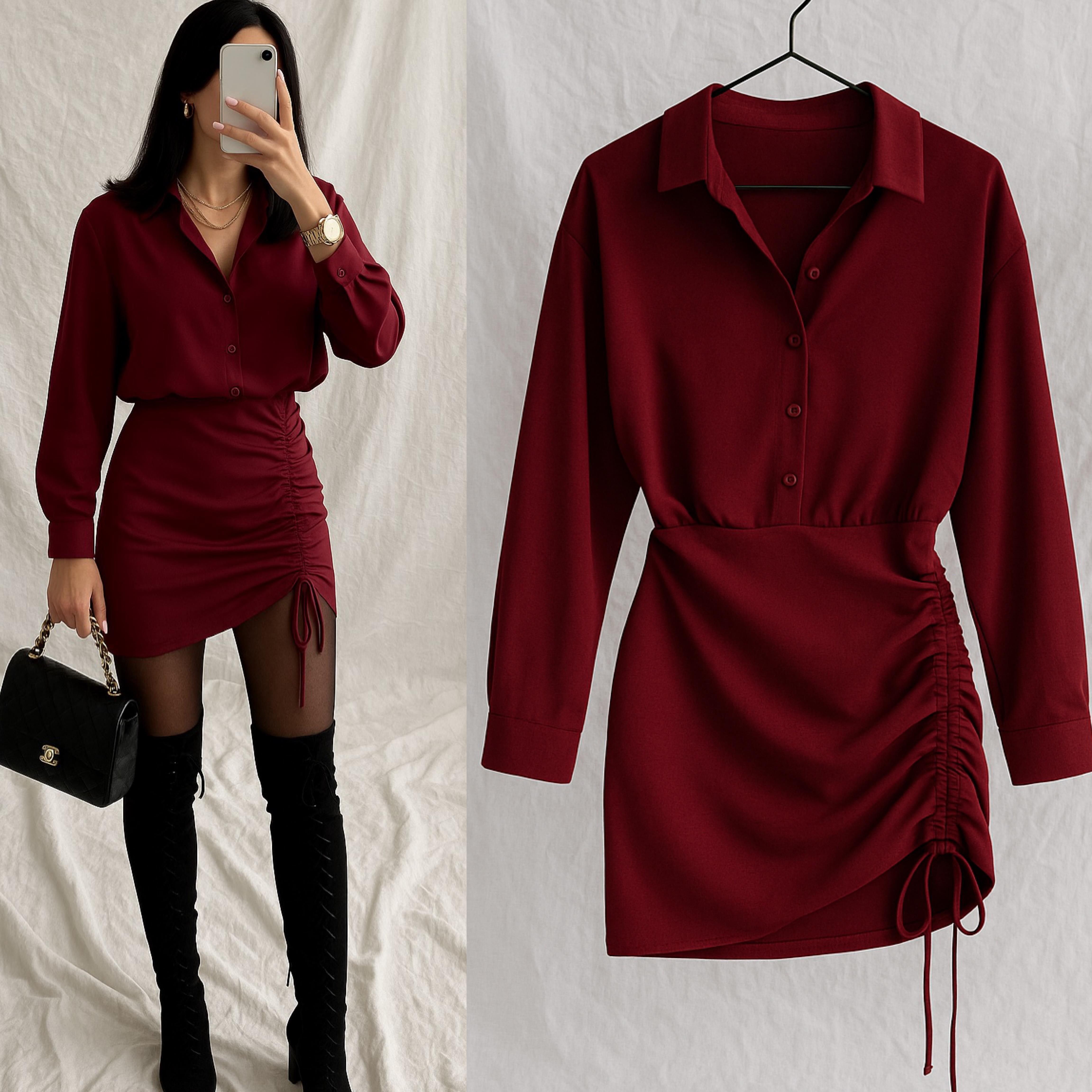 ONRE BÜZGÜ DETAYLI GÖMLEK ELBİSE